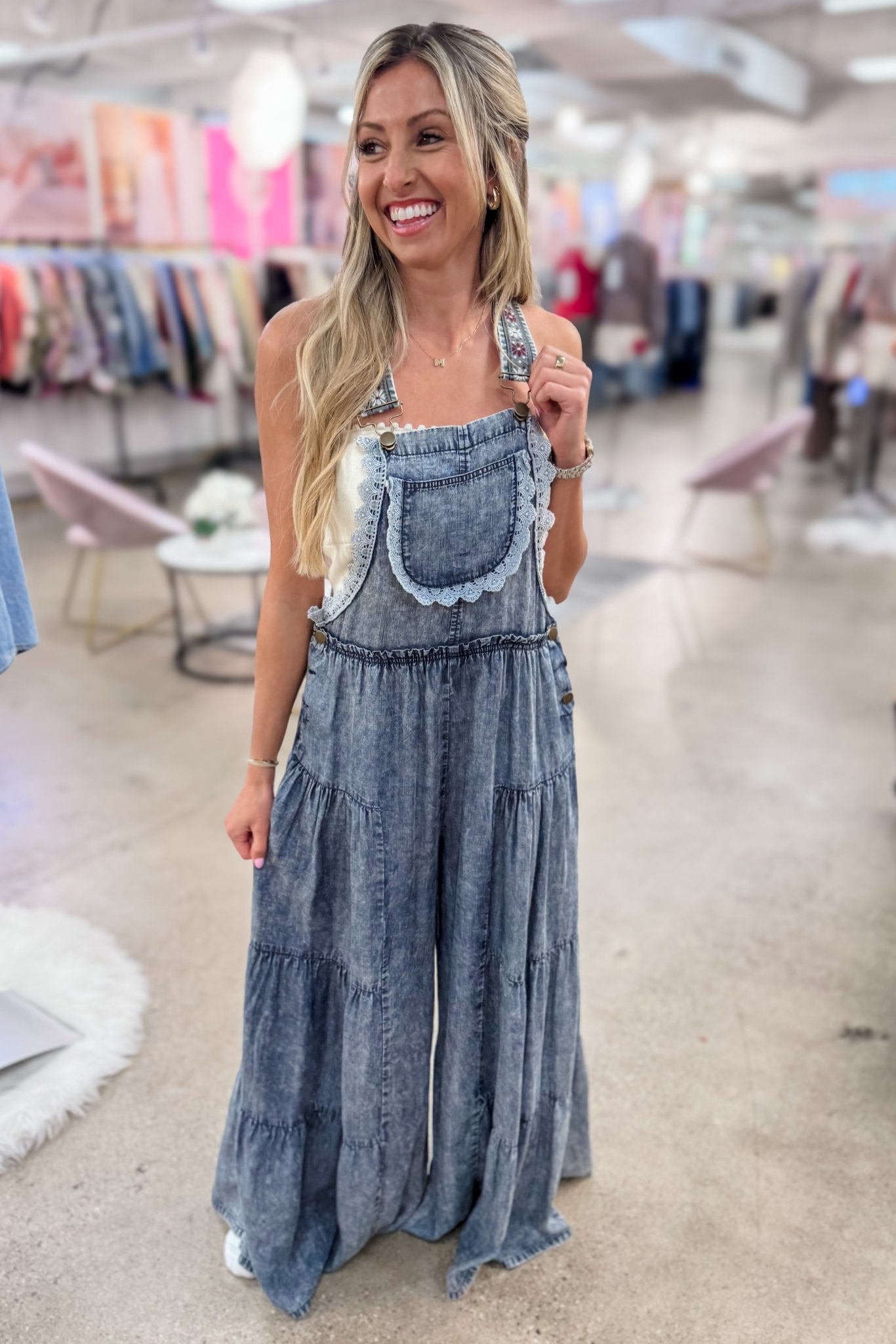 PREORDER (Ships March) - Free Spirit Lace Trim Denim Overalls Jumpsuit - Premium Casual Wear