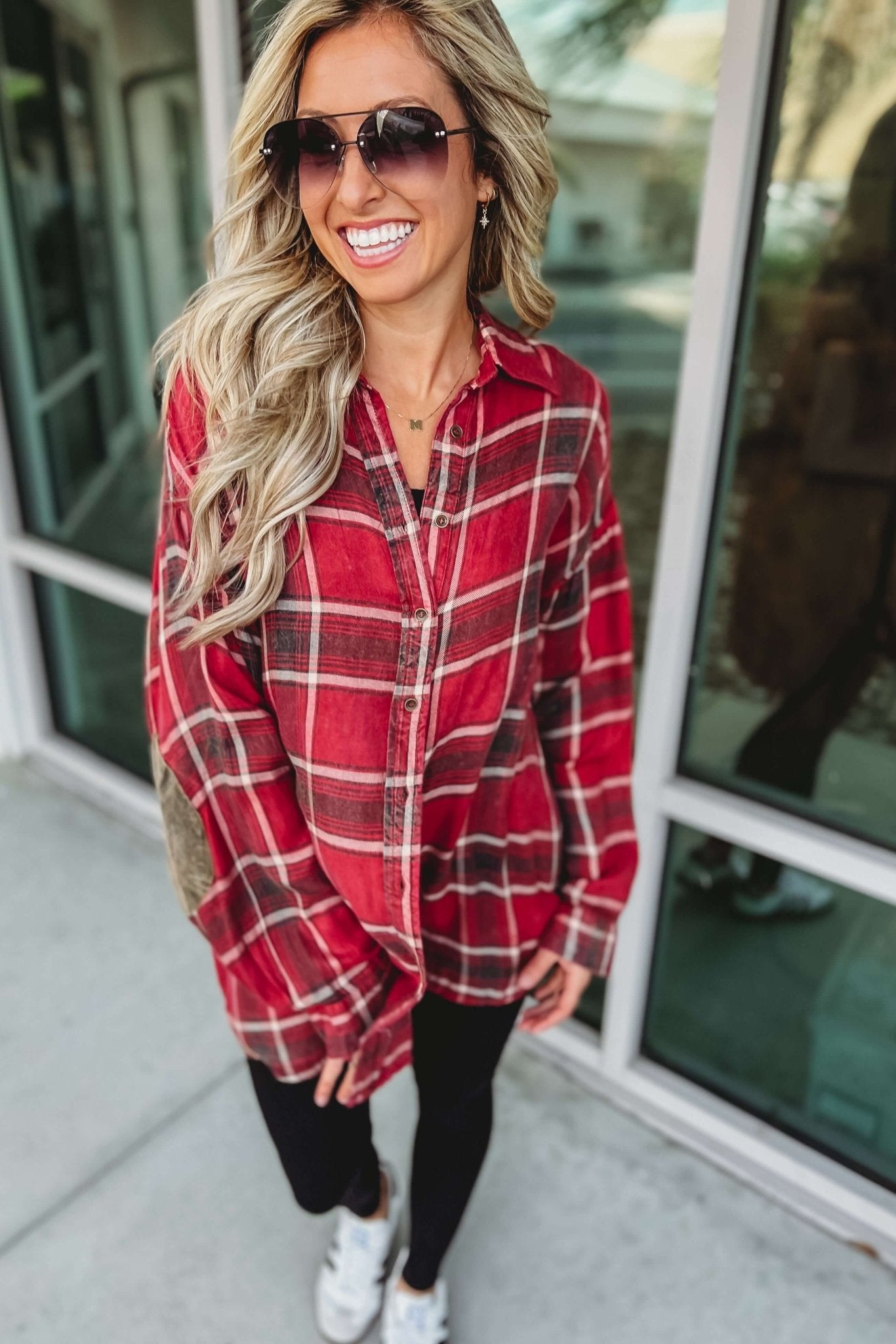 Premium Fall Chic Plaid Oversized Top with Stylish Elbow Patches