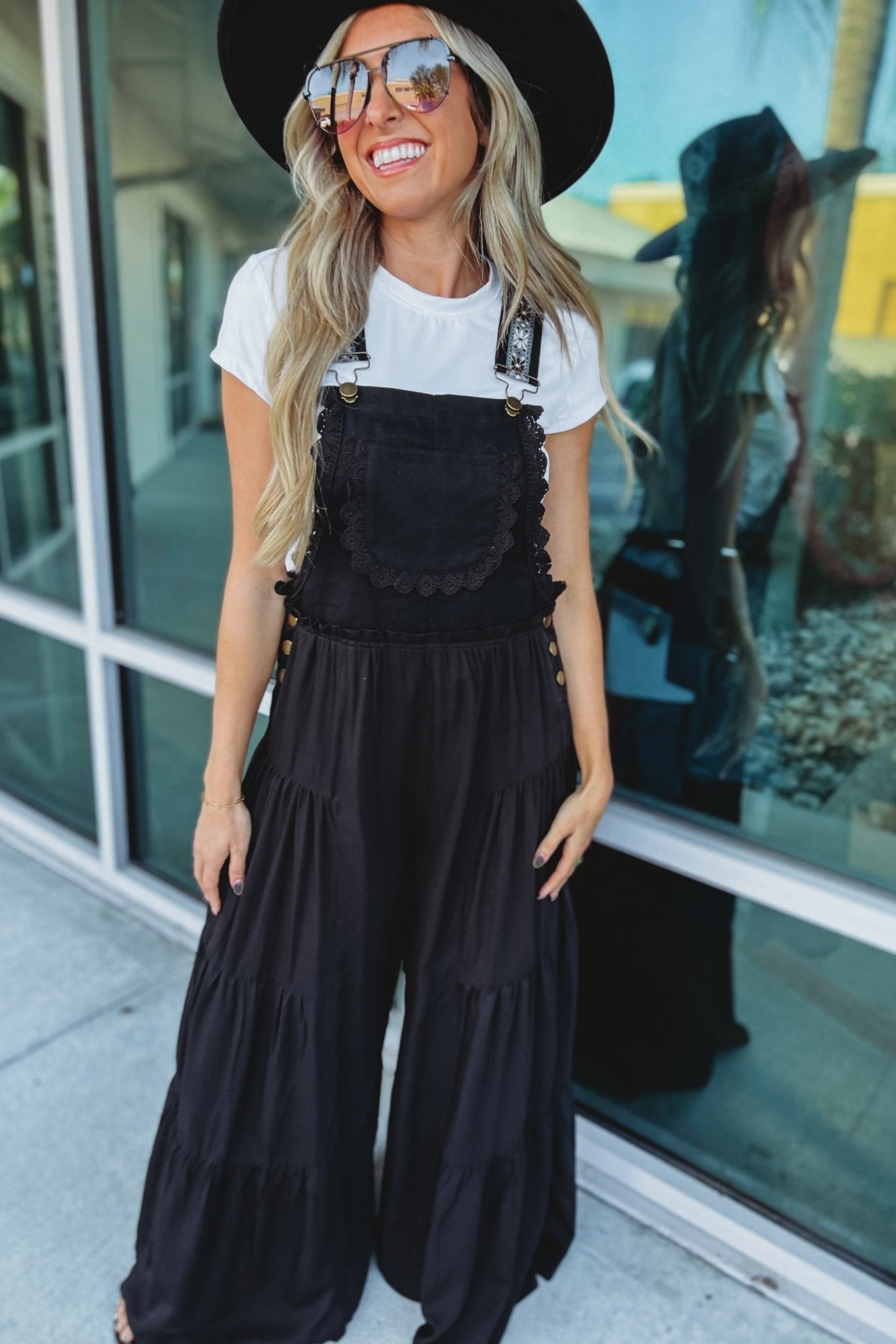 Premium Boho Chic Black Free Spirit Lace Trim Overalls