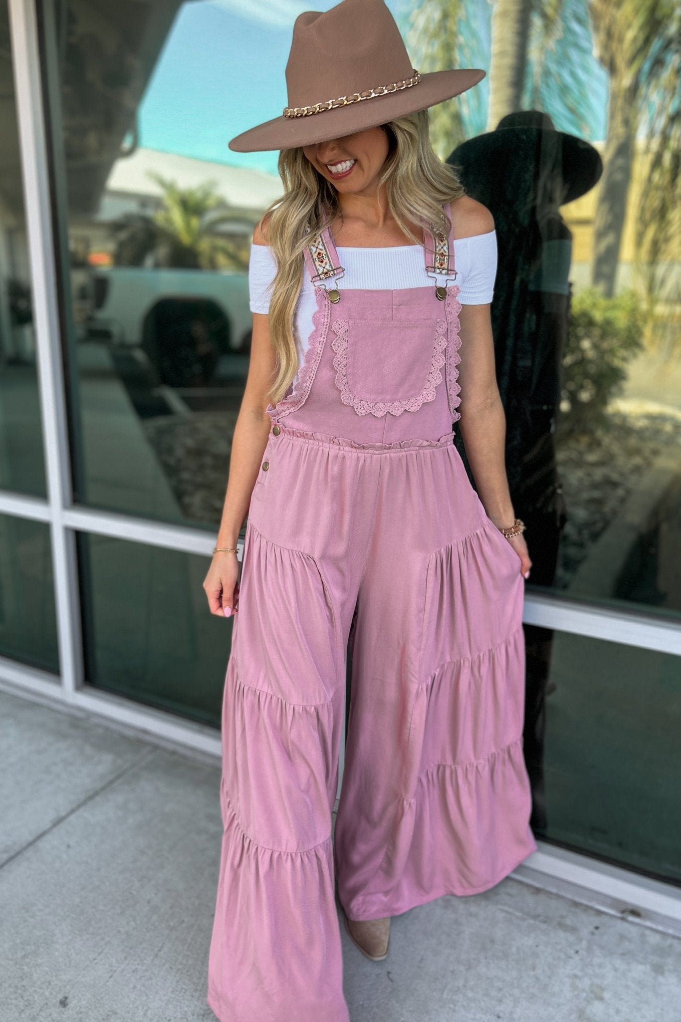 Premium Boho Lace Trim Wide Leg Overalls - Rose Pink