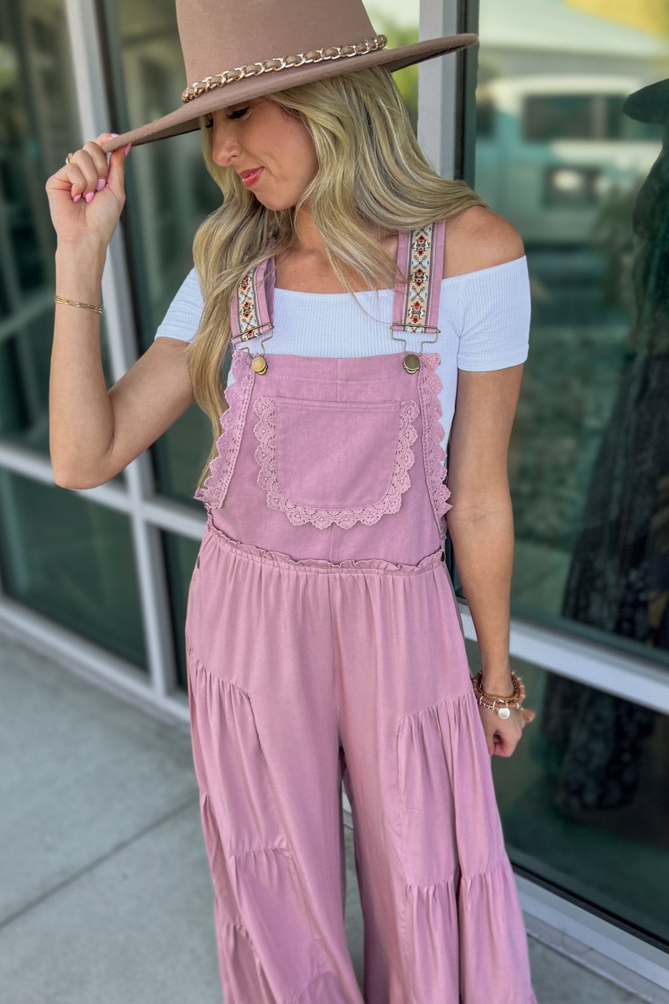 Premium Boho Lace Trim Wide Leg Overalls - Rose Pink