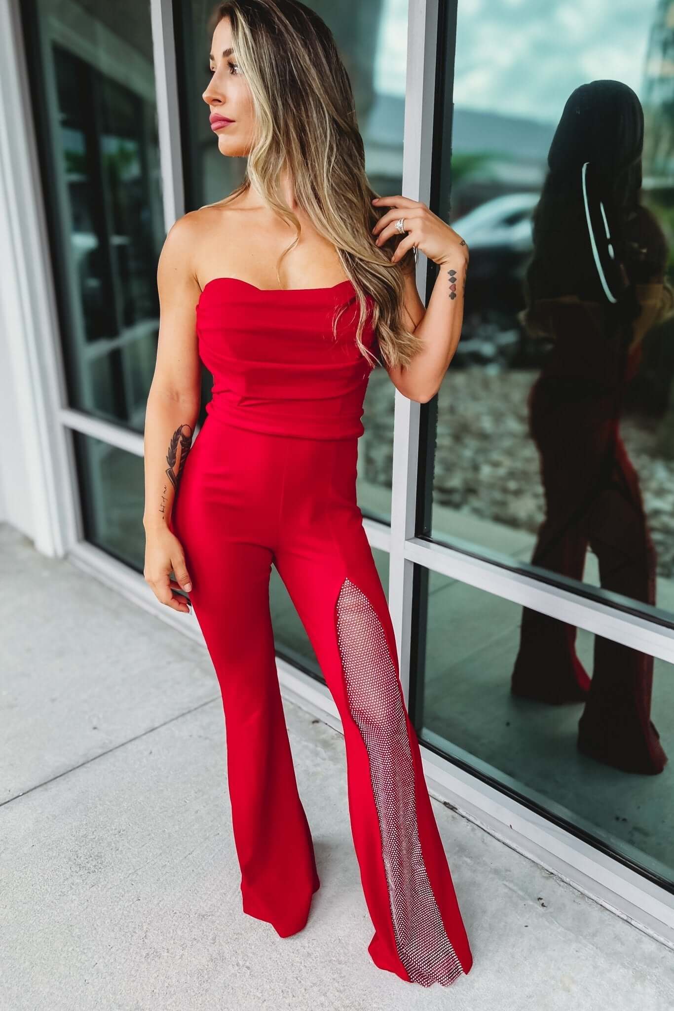 Ultimate Glamour: Strapless Rhinestone Sweetheart Jumpsuit