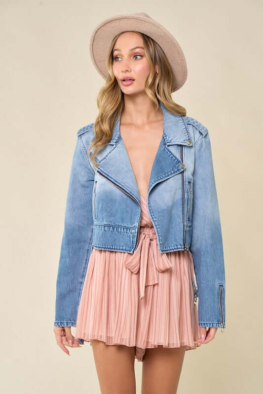 Premium Sun Goes Down Denim Cropped Moto Jacket - Ultimate Style Upgrade