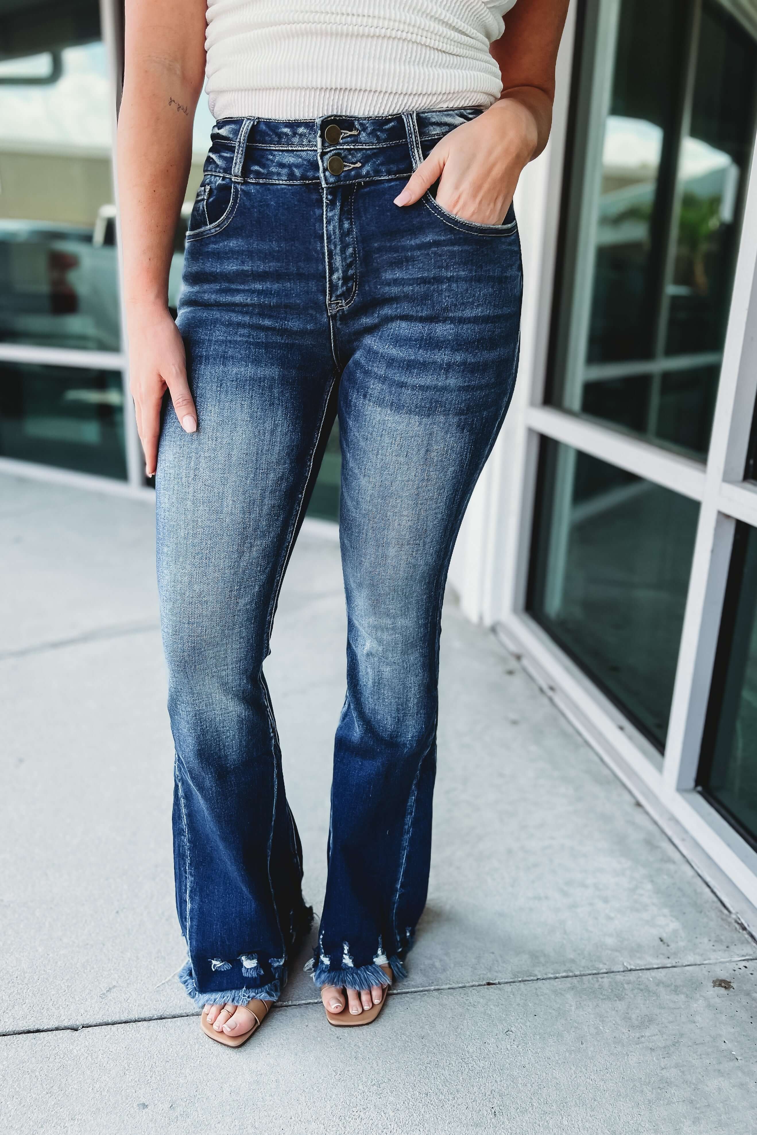 Ultimate Brynn High Rise Flare Jeans - Premium Dark Wash with Distressed Hem