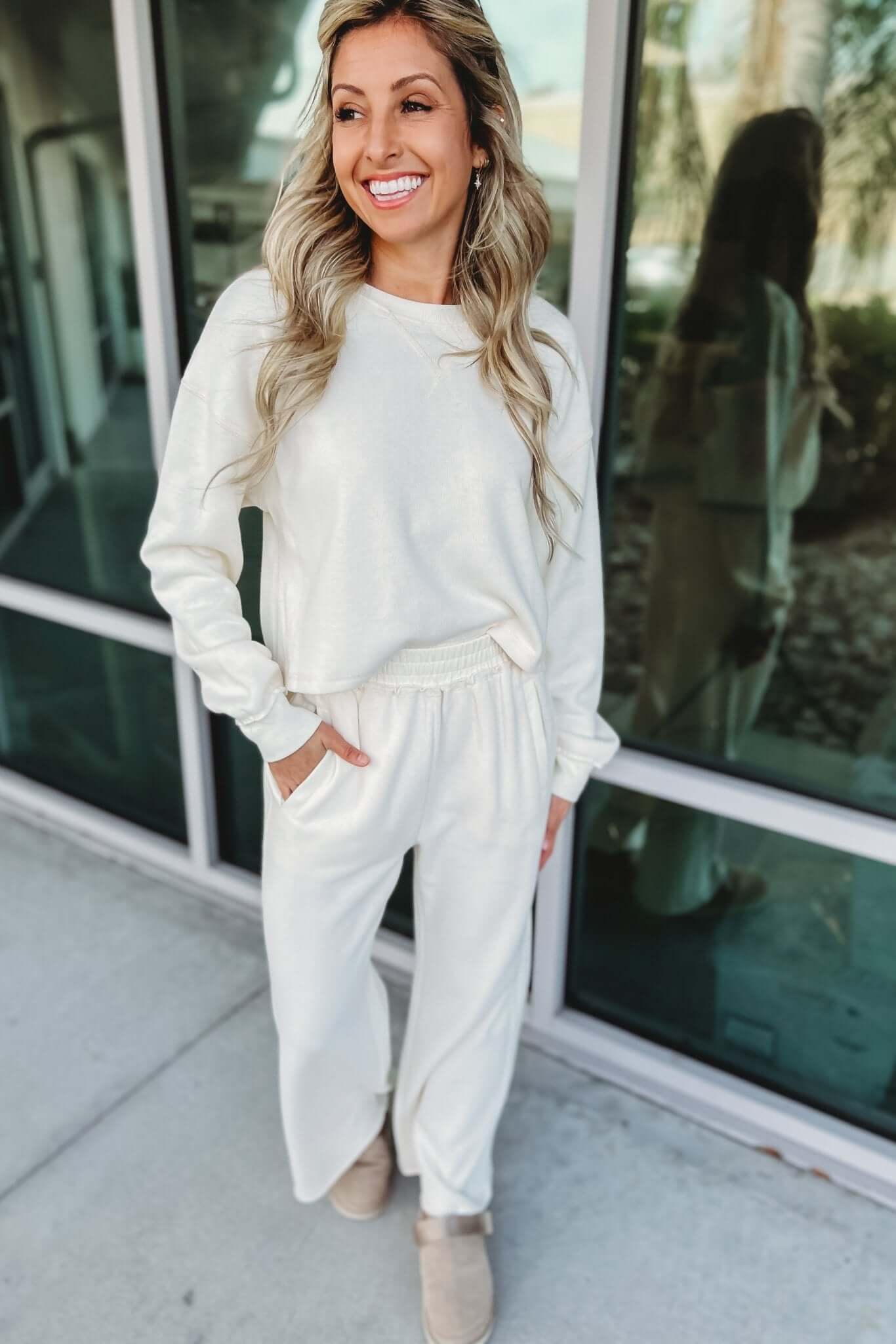 Ultimate Comfort Ribbed Side Panel Cream Lounge Pants