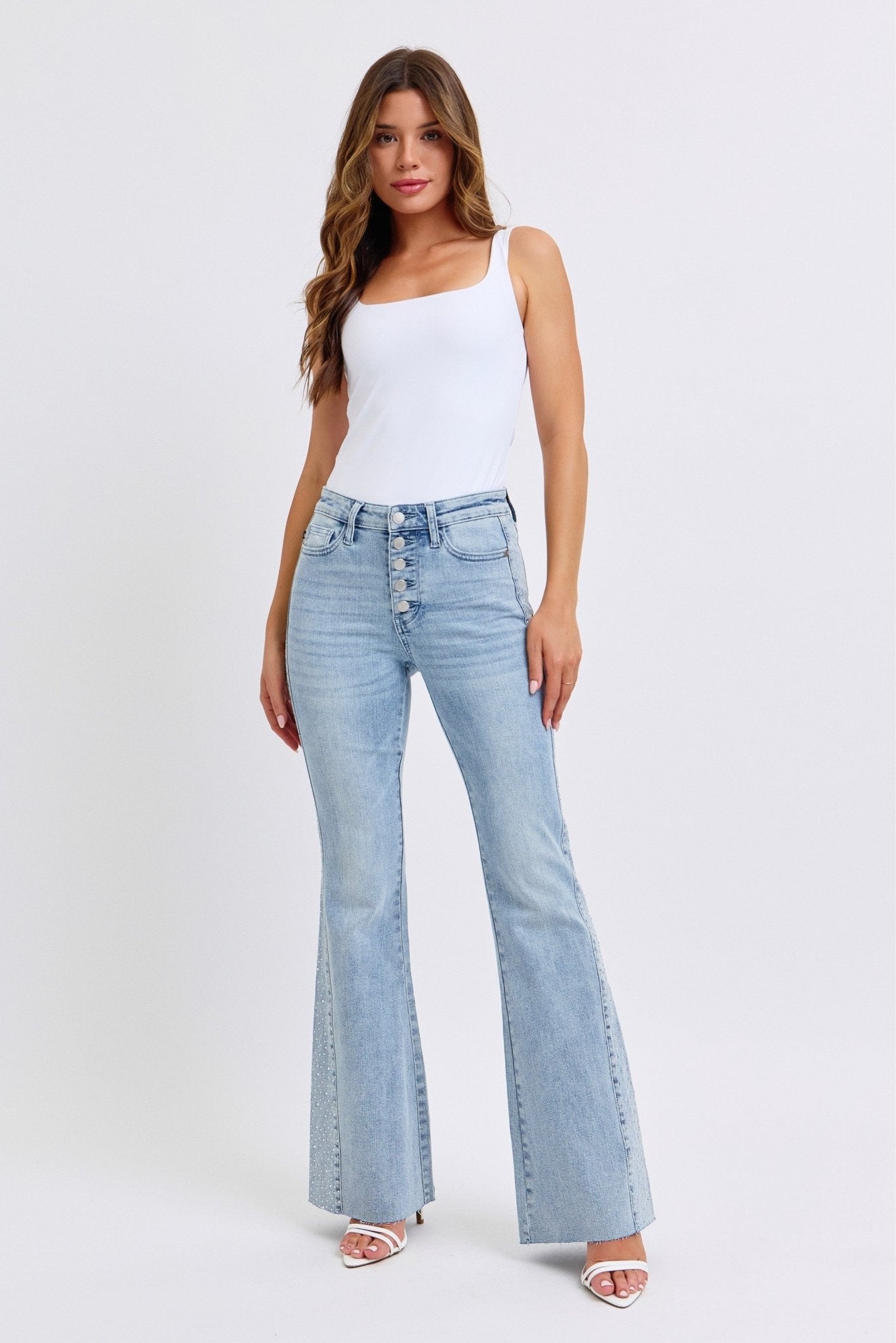 Premium JUDY BLUE Bella Rhinestone Flare Jeans - Ultimate Glam Denim