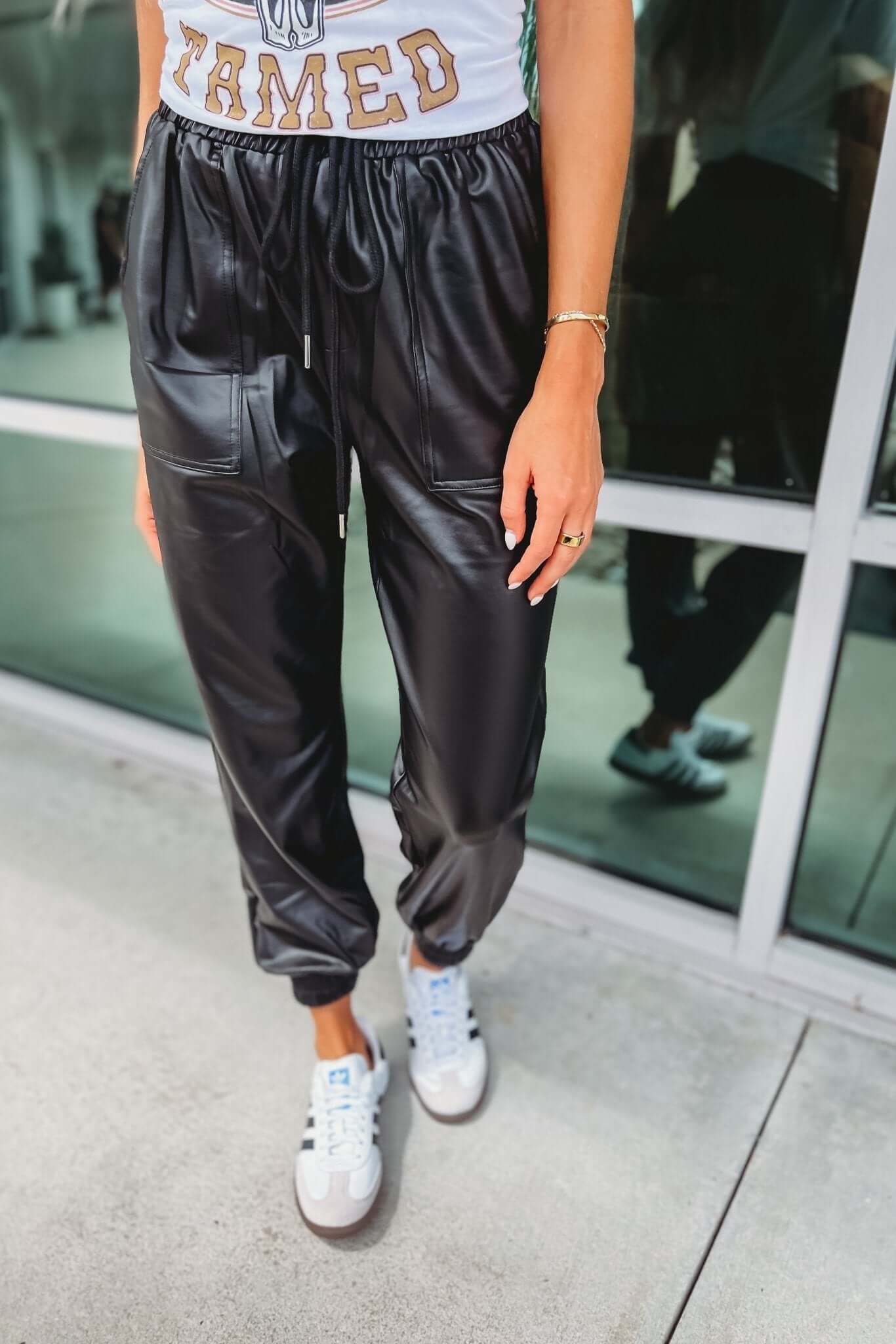 Premium Black Faux Leather Joggers with Pockets
