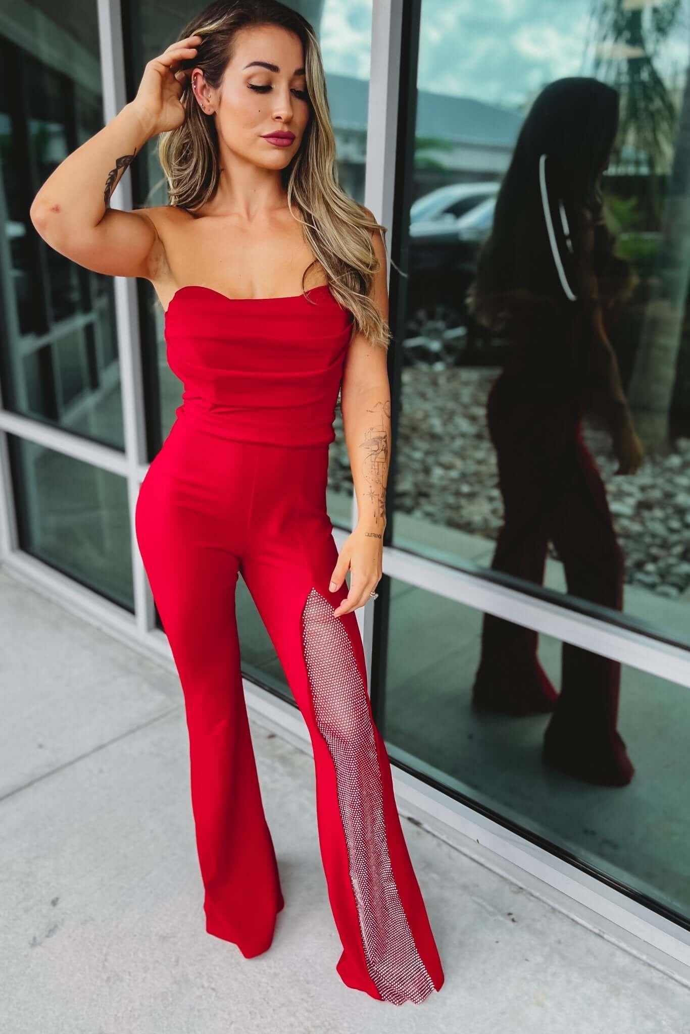 Ultimate Glamour: Strapless Rhinestone Sweetheart Jumpsuit