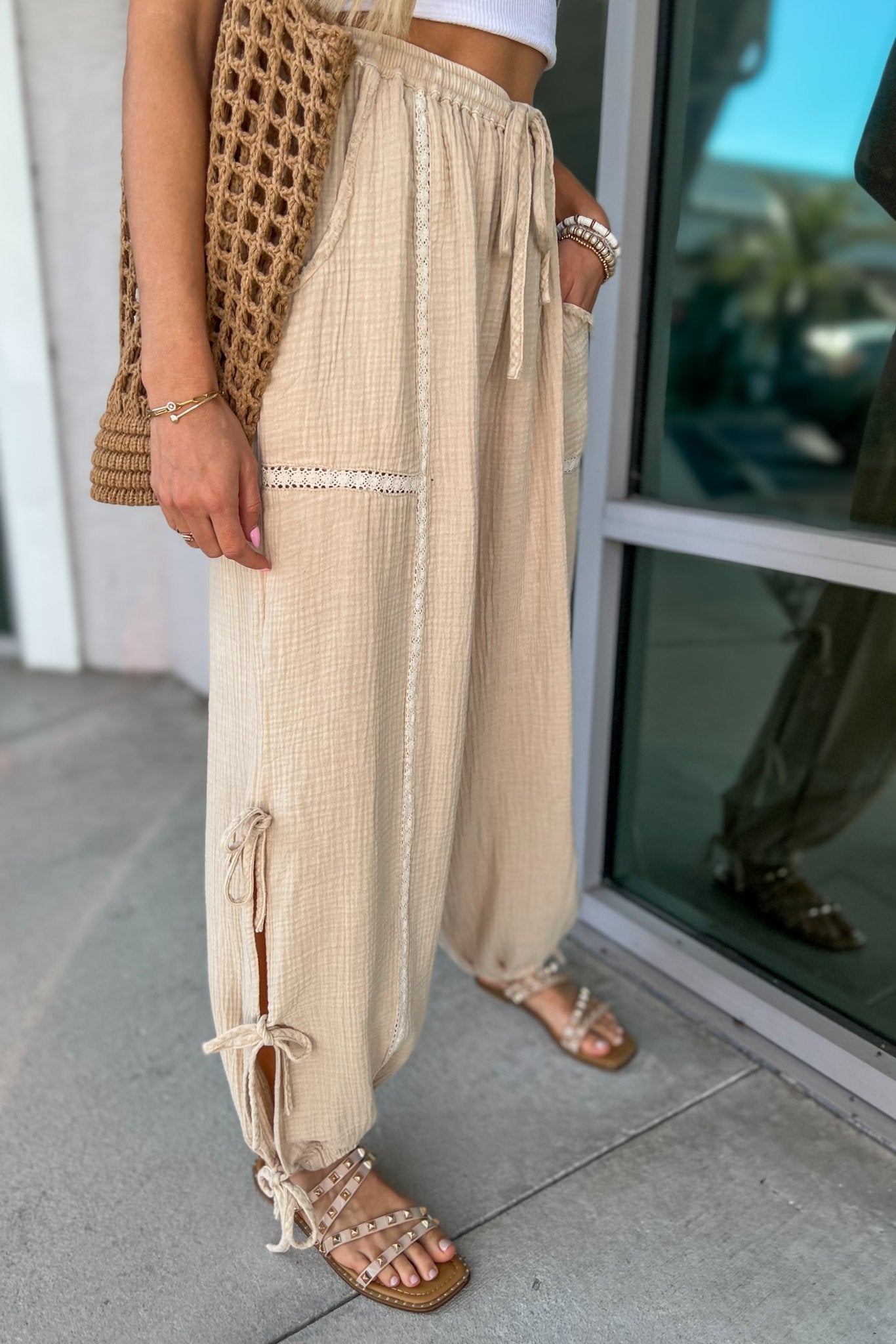 Premium Luna Mineral Washed Ribbon Tie Pants in Oatmeal - Ultimate Comfort & Style