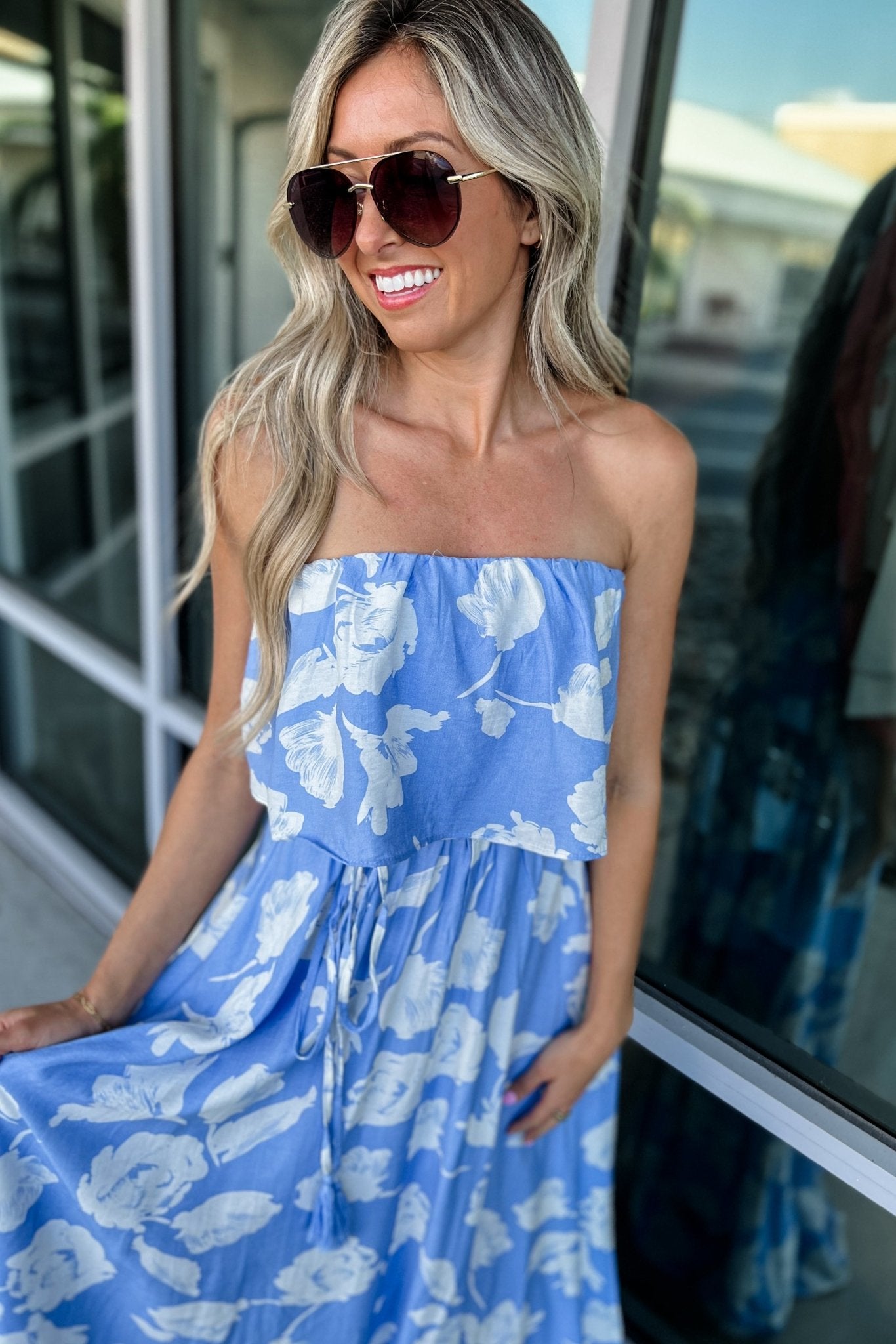 Ultimate Azure Bloom Strapless Maxi Dress - Summer Elegance