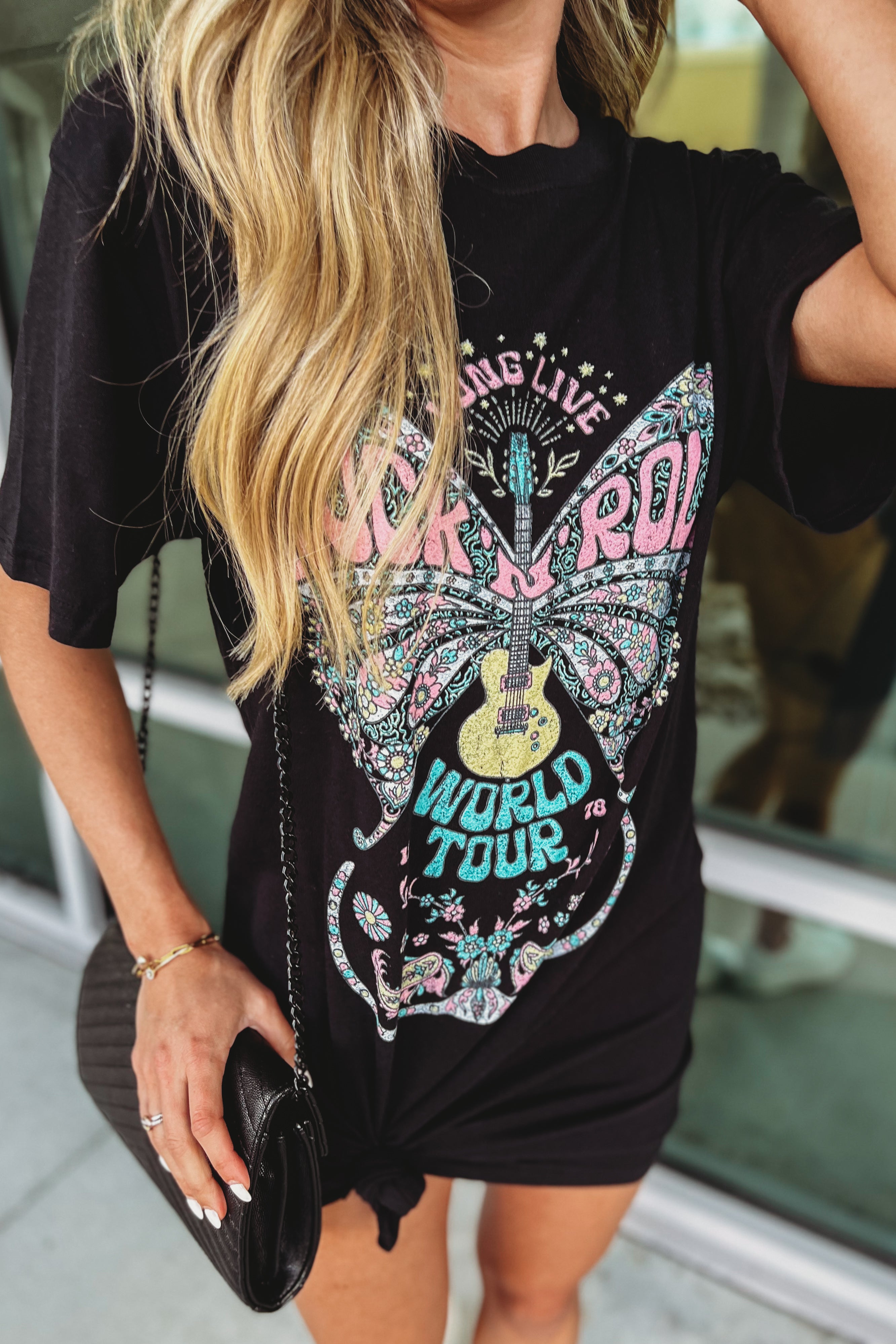 Ultimate Rock N Roll Black Butterfly Graphic Shirt Dress