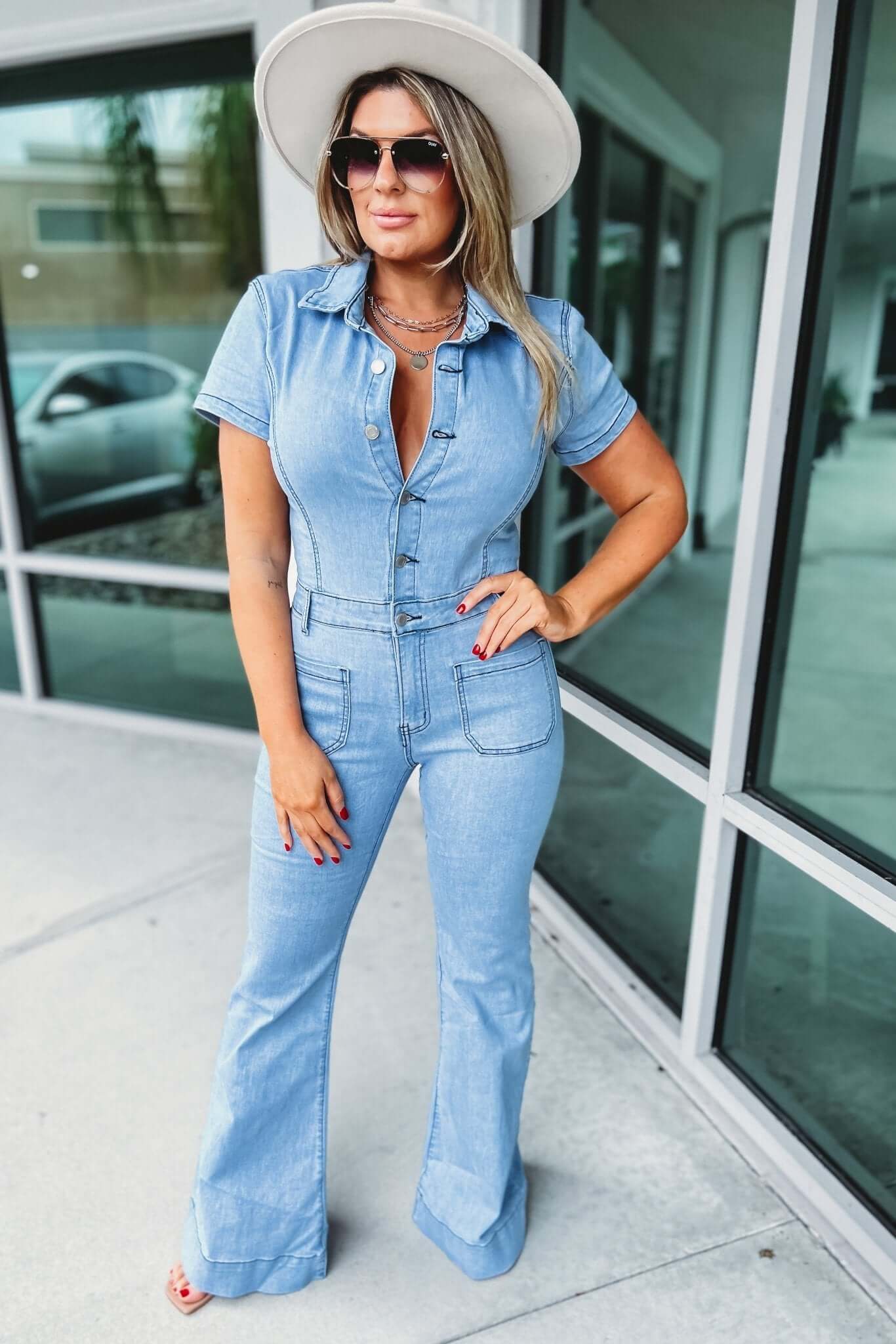 The Ultimate Kelly Denim Flare Jumpsuit - Premium Stretch Fit