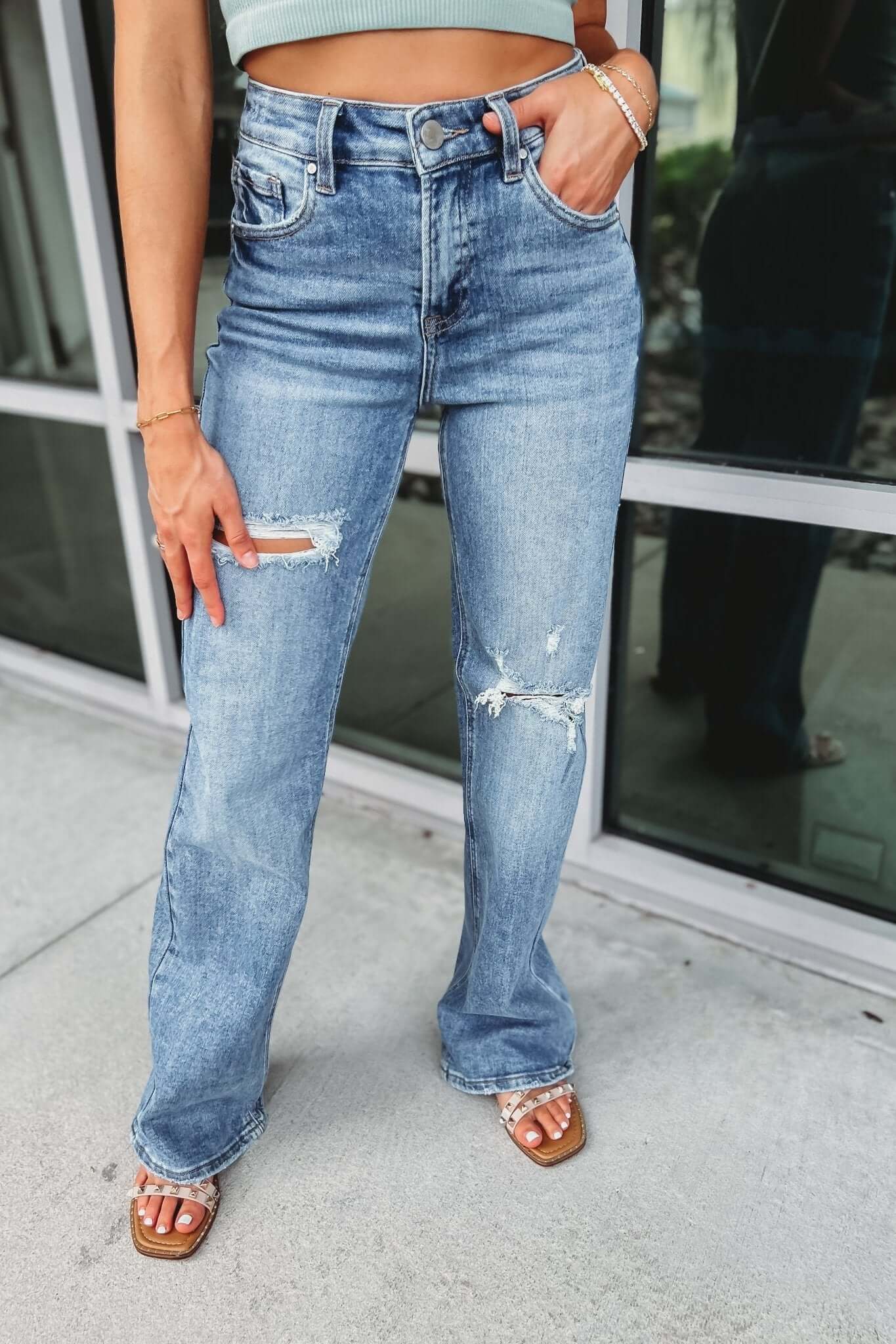 Premium RISEN Stella High Rise Wide Leg Distressed Jeans - Upgrade Your Style