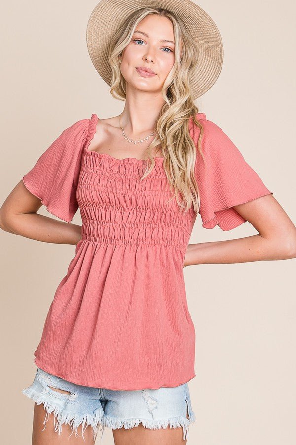 Premium Breezy Charm Smocked Top in Dusty Rust