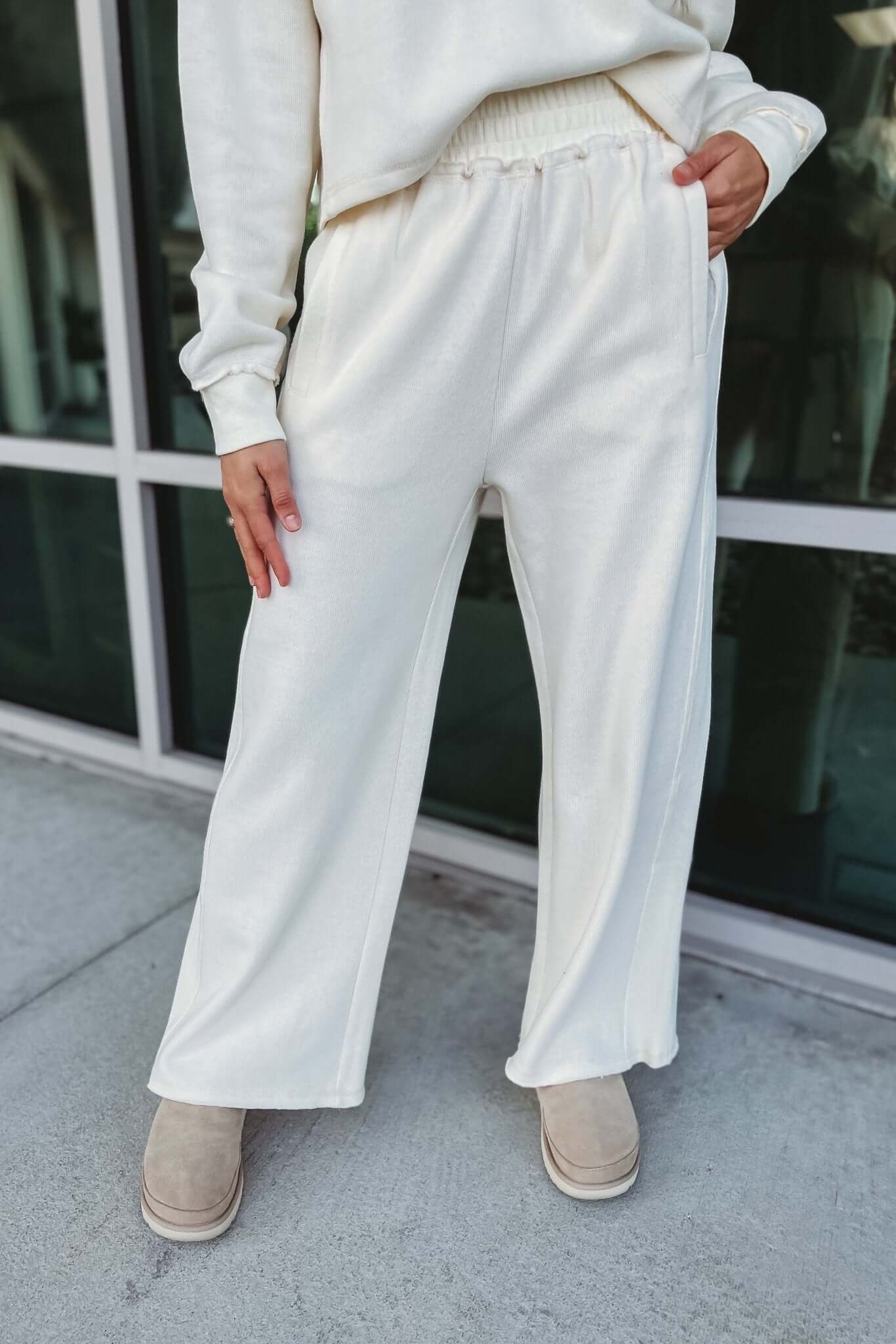Ultimate Comfort Ribbed Side Panel Cream Lounge Pants
