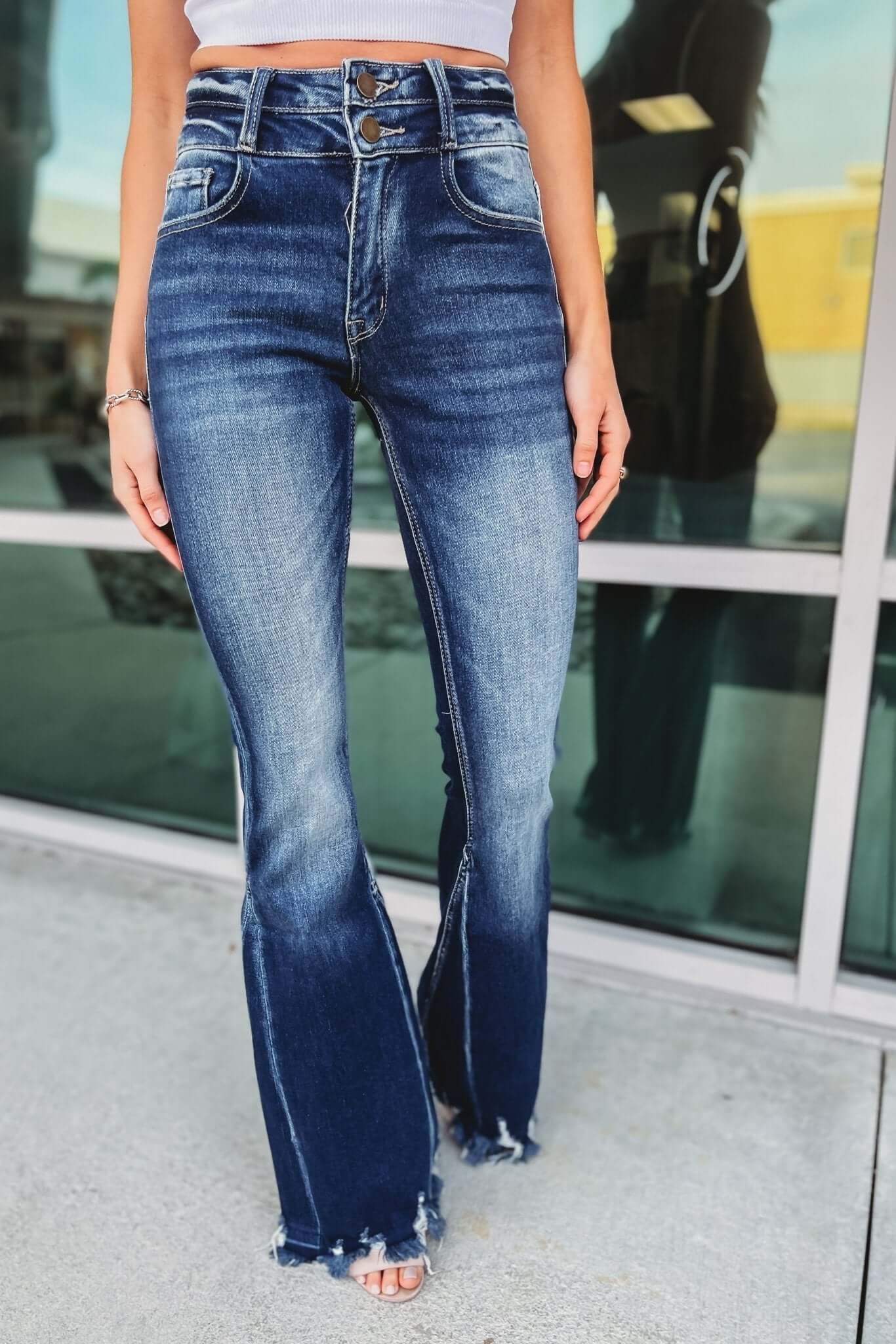 Ultimate Brynn High Rise Flare Jeans - Premium Dark Wash with Distressed Hem