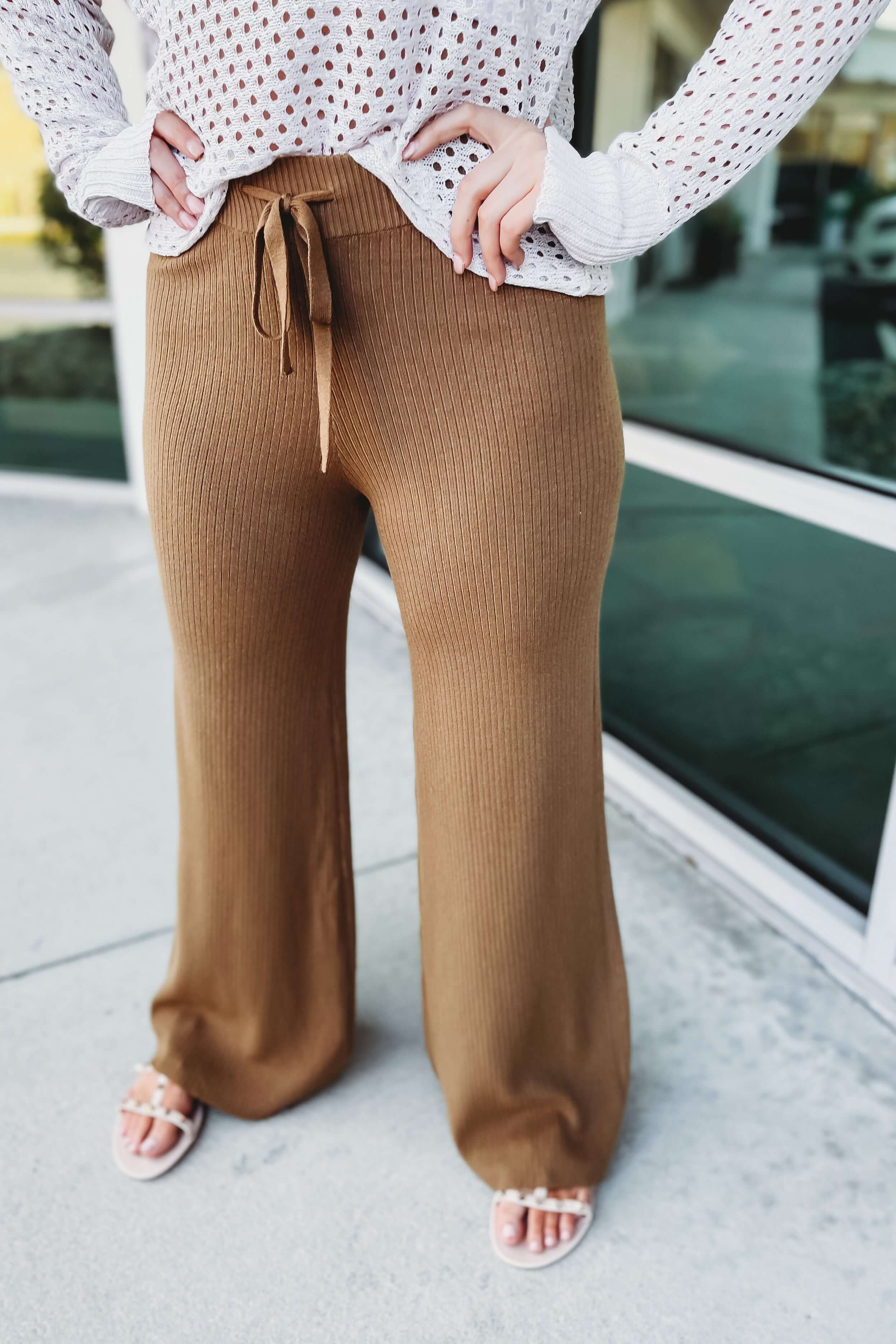 Premium Ribbed High Waist Camel Pants - Ultimate Comfort & Style