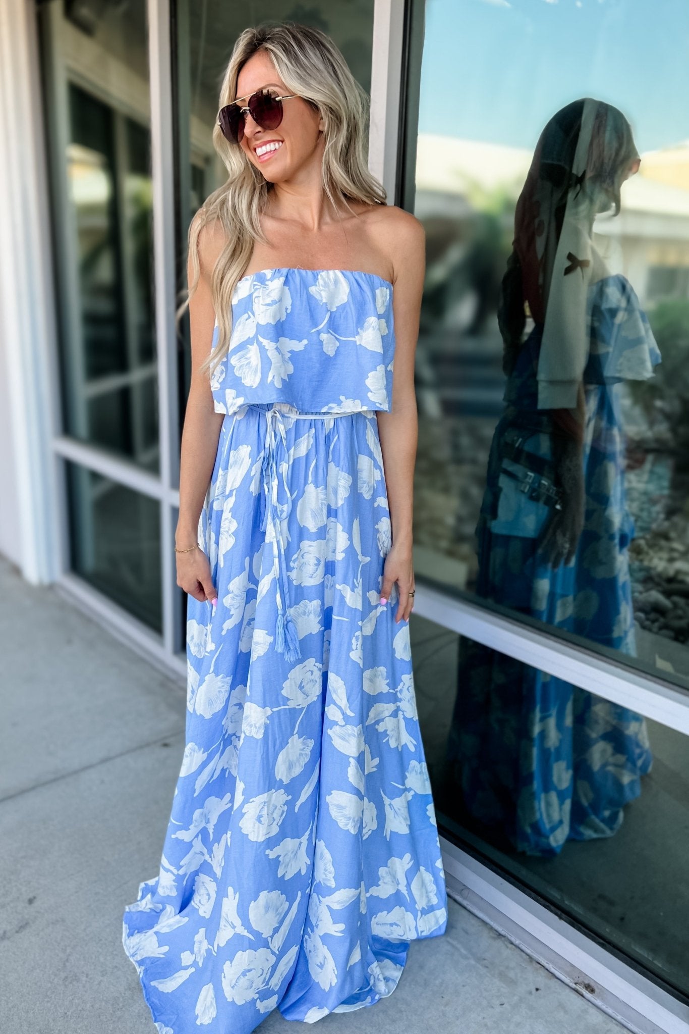 Ultimate Azure Bloom Strapless Maxi Dress - Summer Elegance