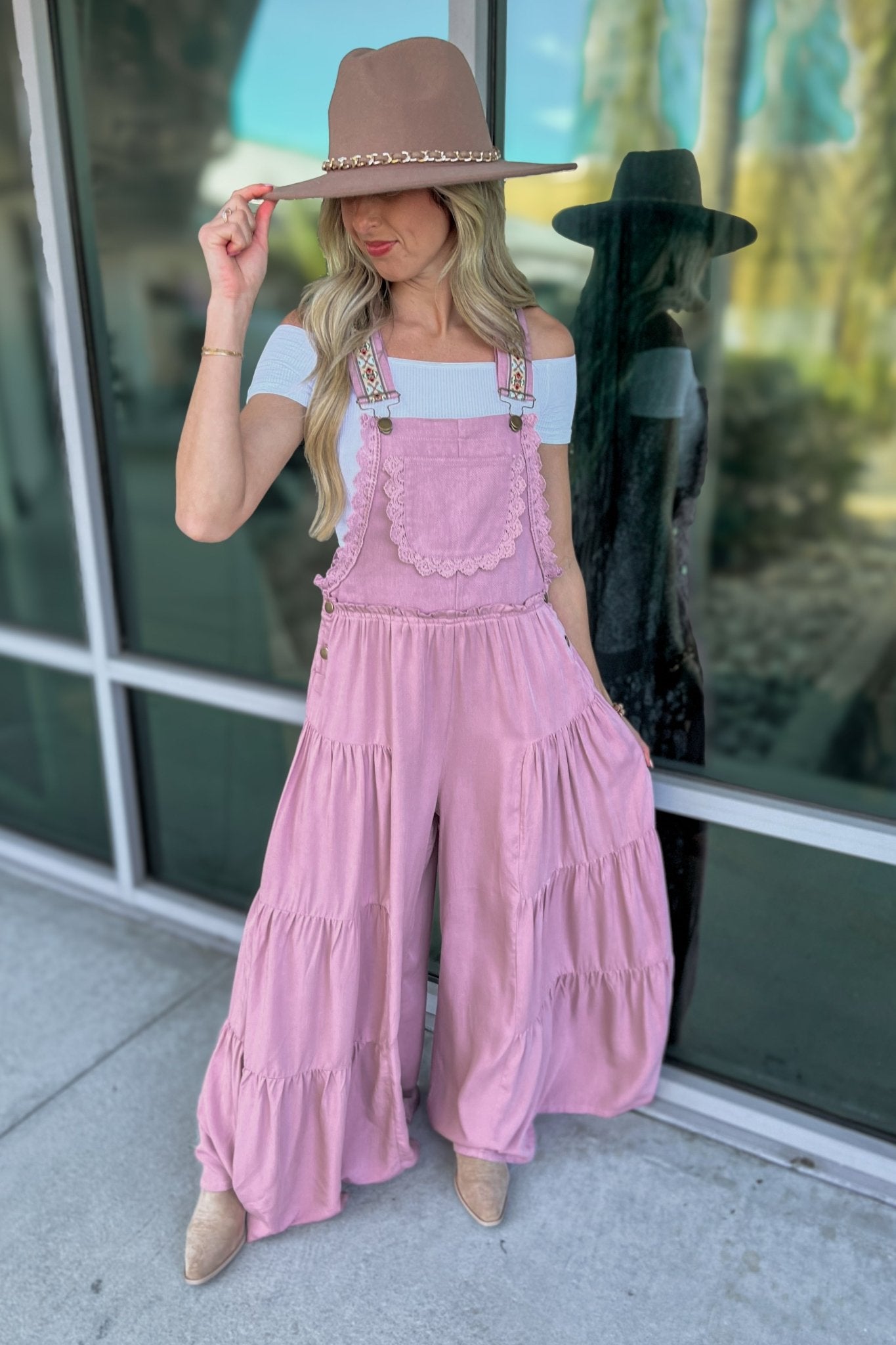 Premium Boho Lace Trim Wide Leg Overalls - Rose Pink