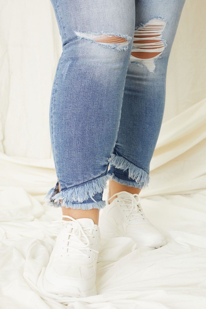 KANCAN Premium Girls' Medium Wash Skinny Jeans with Frayed Hem