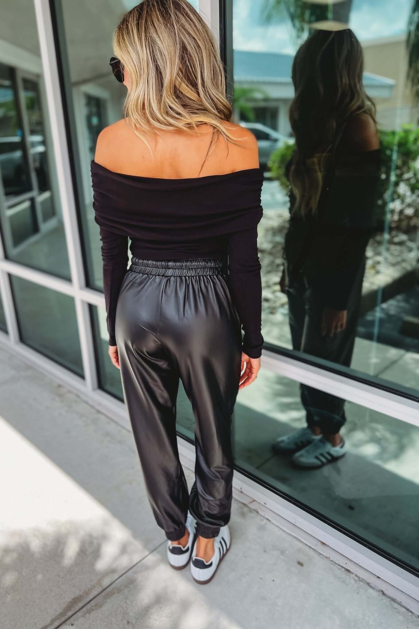 Premium Black Faux Leather Joggers with Pockets