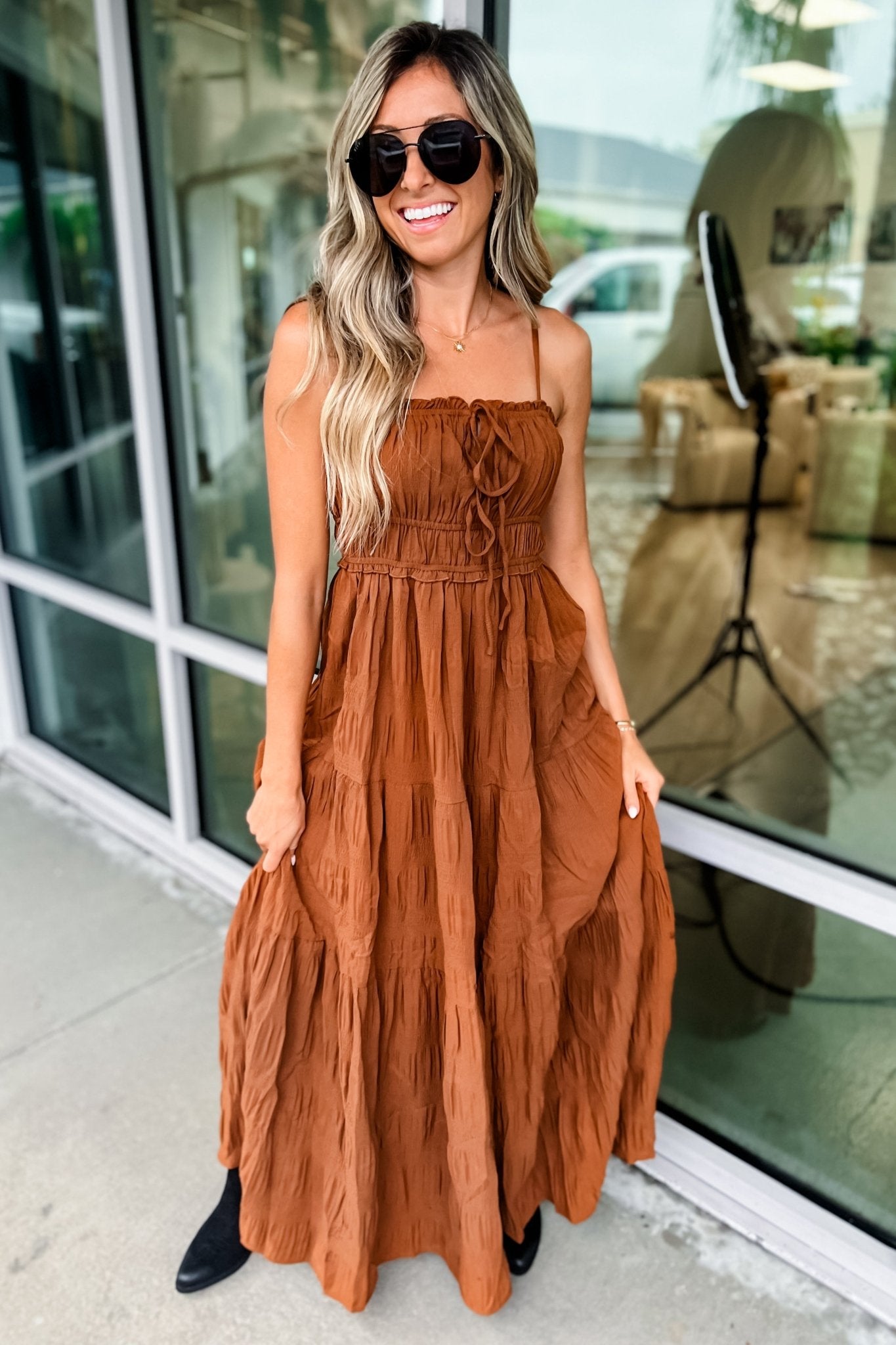 Elegant Crinkle Textured Front Tie Maxi Dress
