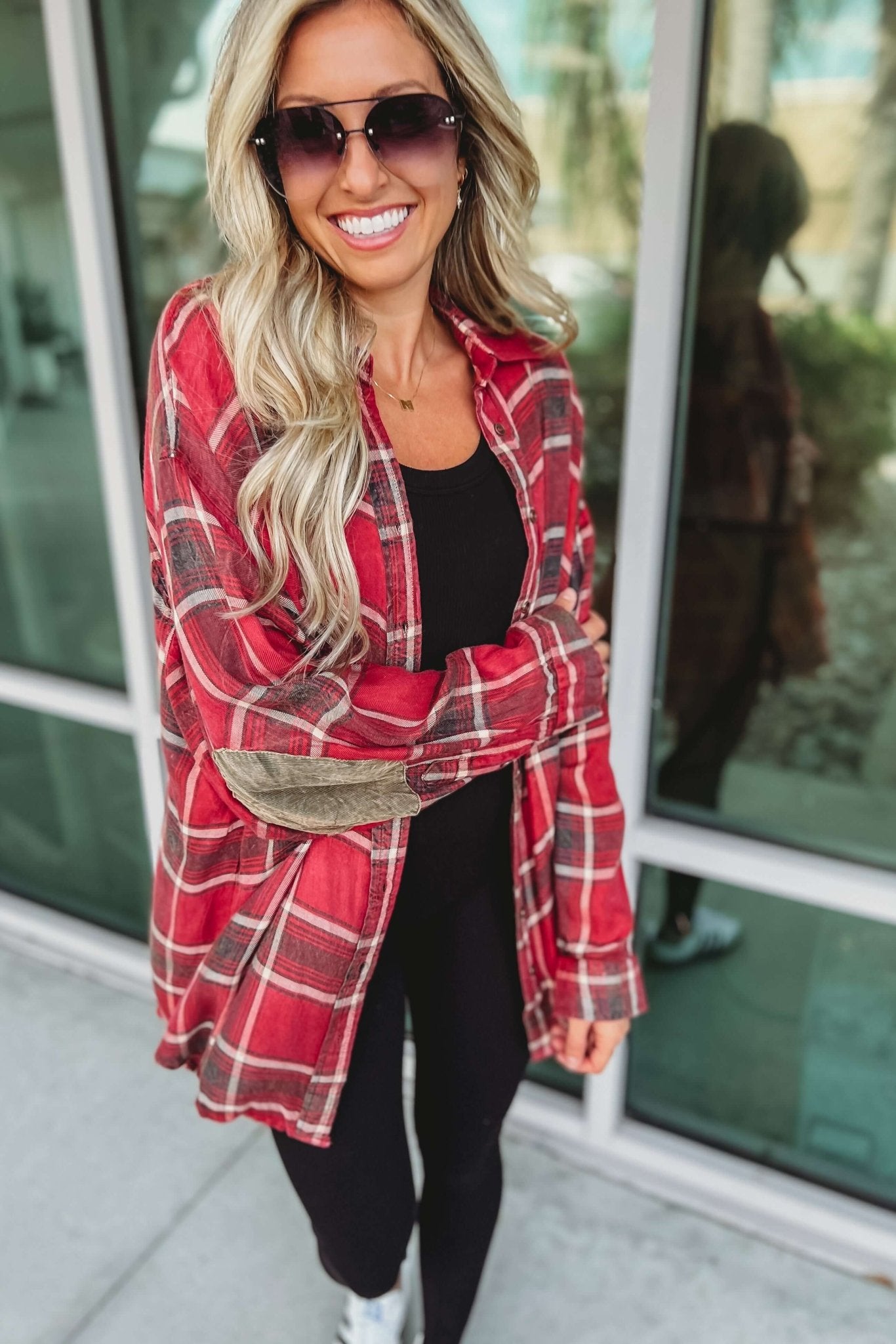 Premium Fall Chic Plaid Oversized Top with Stylish Elbow Patches