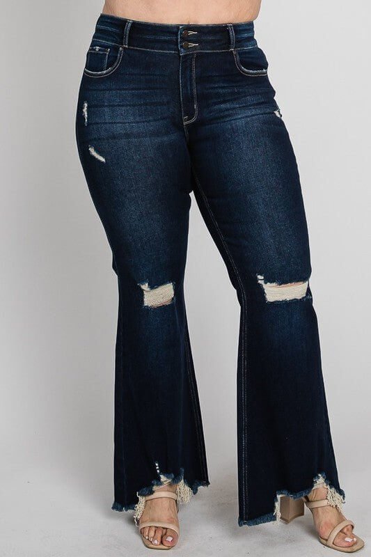 PETRA153 Kaitlyn Premium Dark Wash High Rise Flare Jeans with Frayed Hem