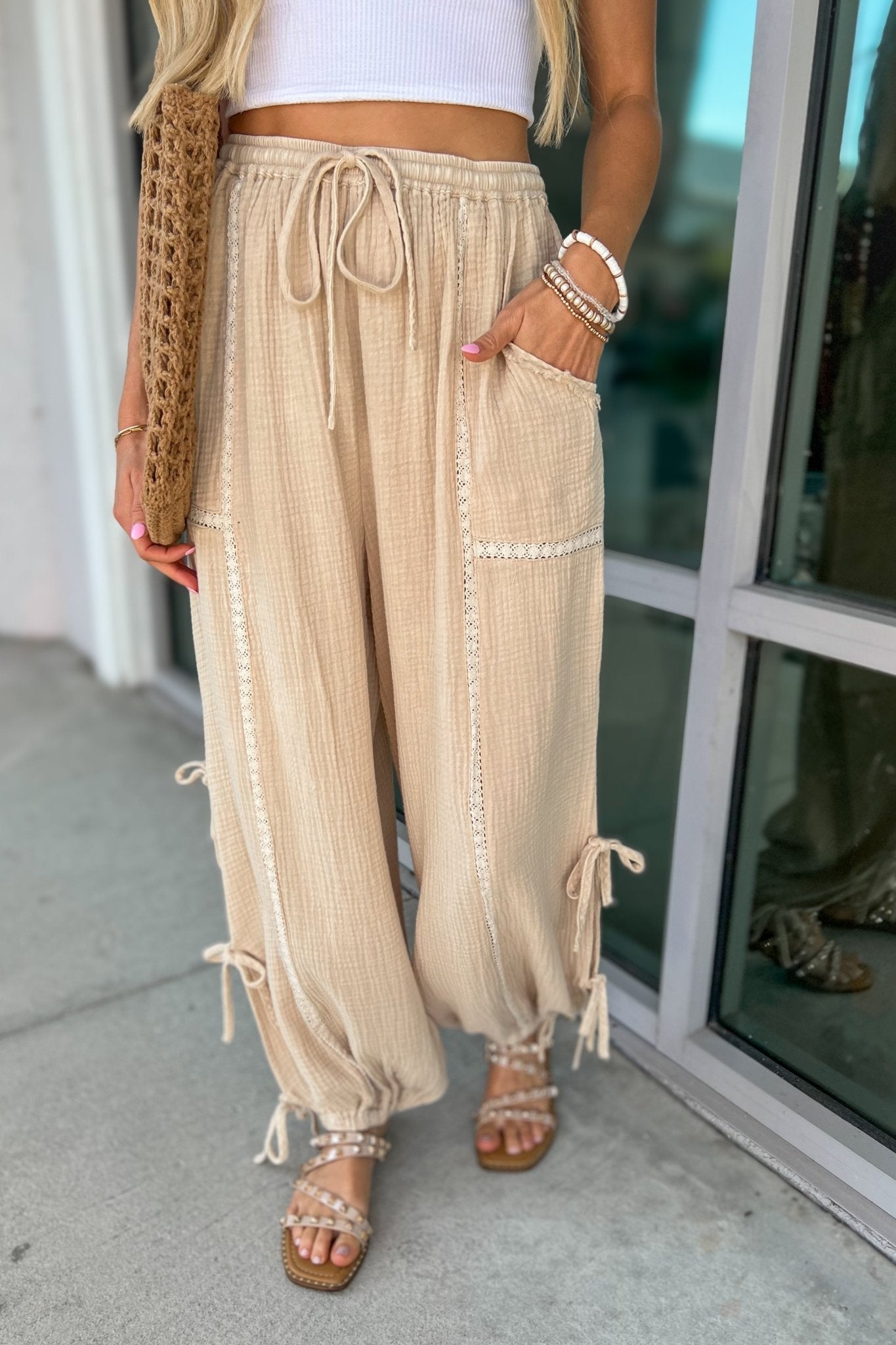 Premium Luna Mineral Washed Ribbon Tie Pants in Oatmeal - Ultimate Comfort & Style