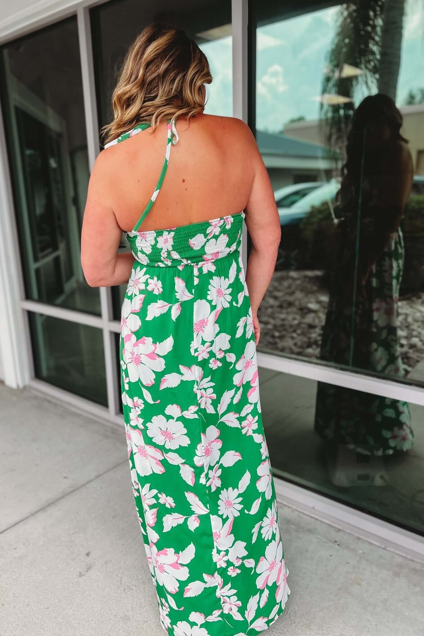 Premium Garden Chic Green Floral Maxi Dress