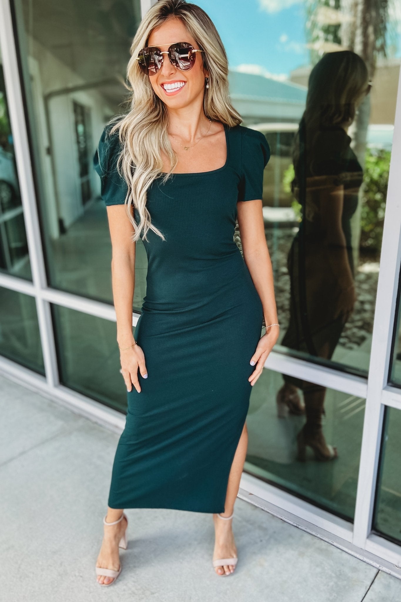 Premium Hunter Green Puff Sleeve Midi Dress - Ultimate Style & Comfort