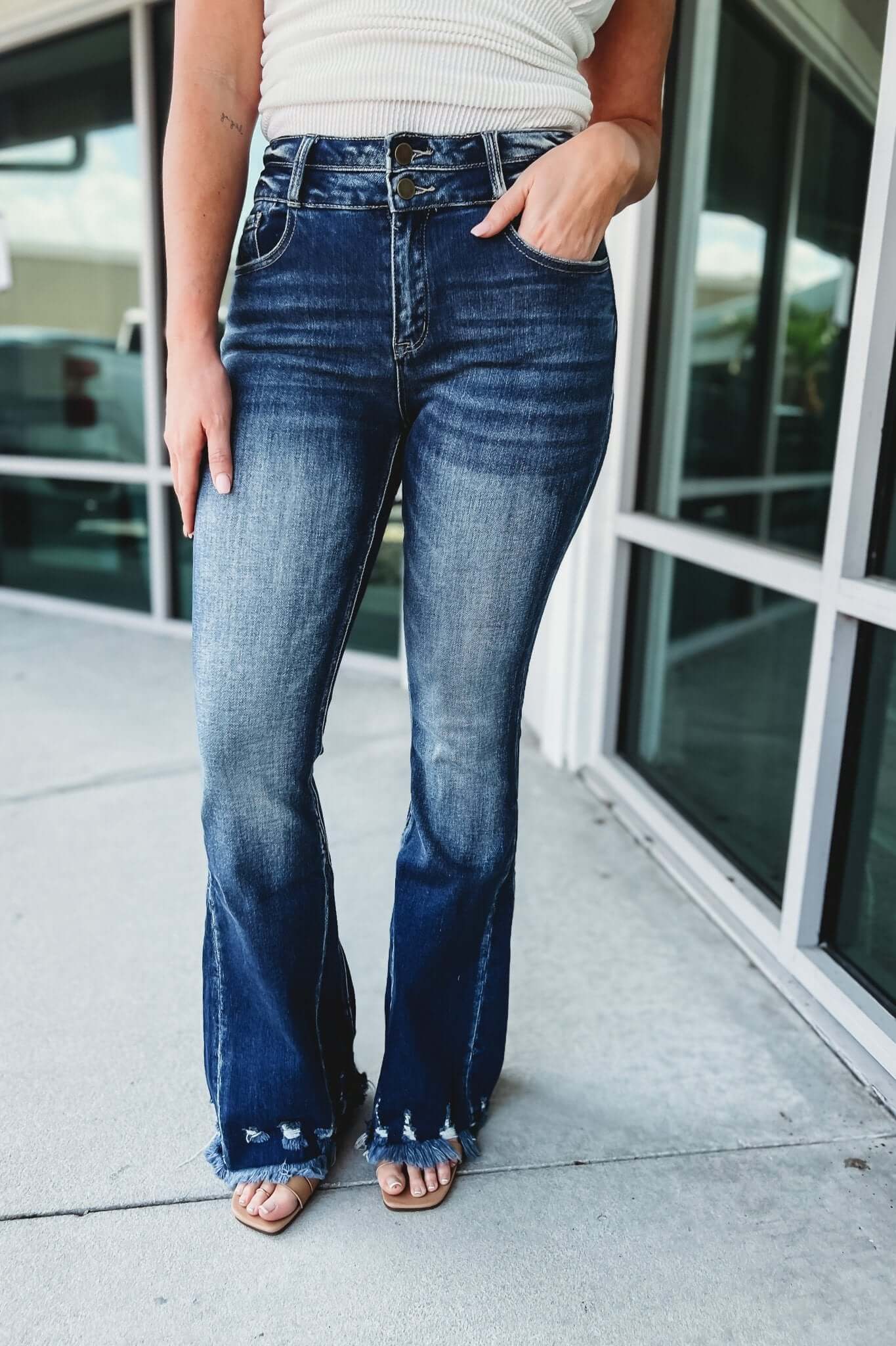 Ultimate Brynn High Rise Flare Jeans - Premium Dark Wash with Distressed Hem