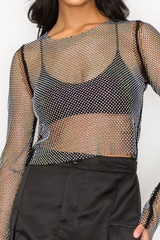 Ultimate Glam Rhinestone Mesh Crop Top - 2 Stylish Colors