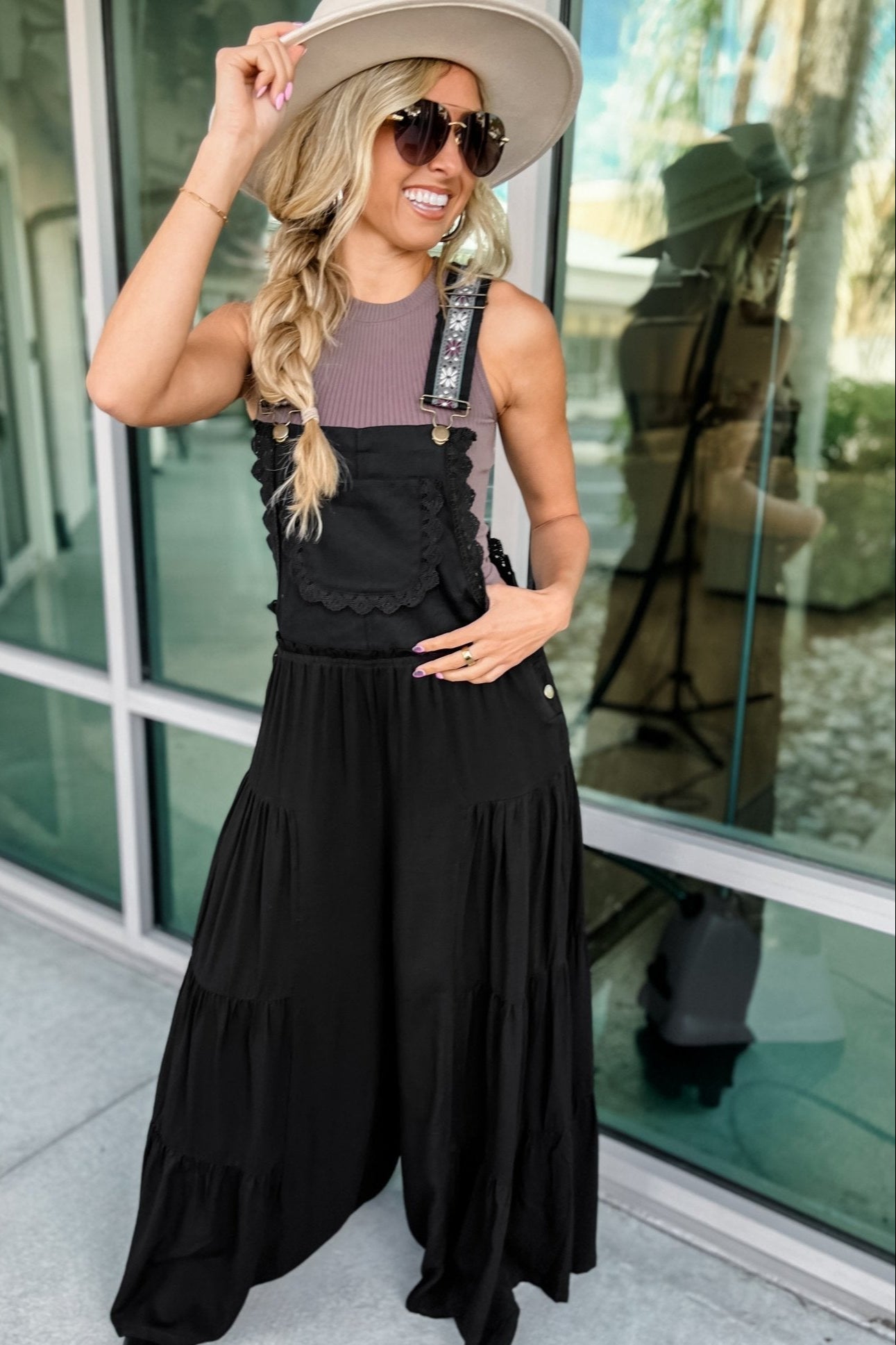 Premium Boho Chic Black Free Spirit Lace Trim Overalls