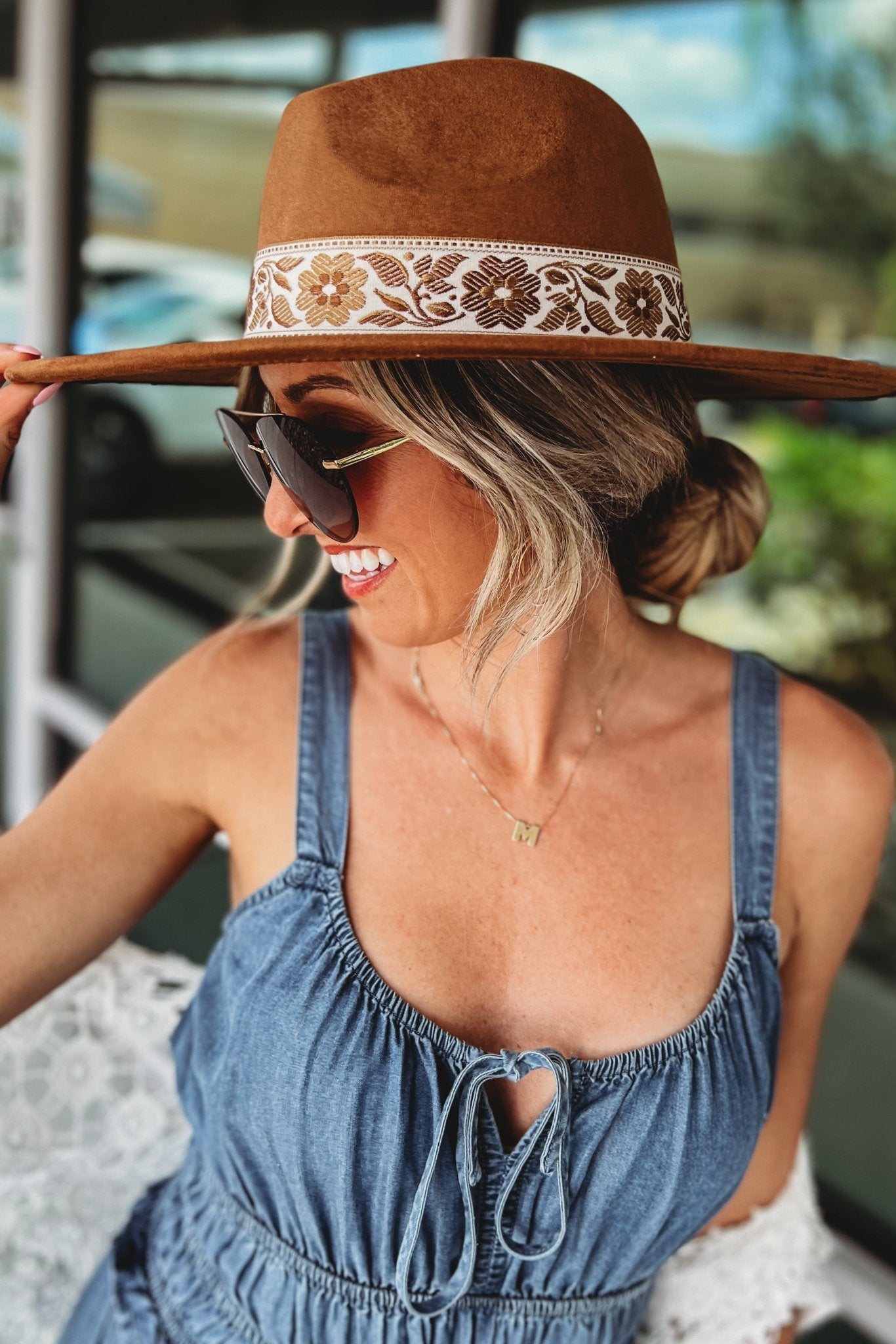 Premium Brown Flower Ribbon Fedora Hat