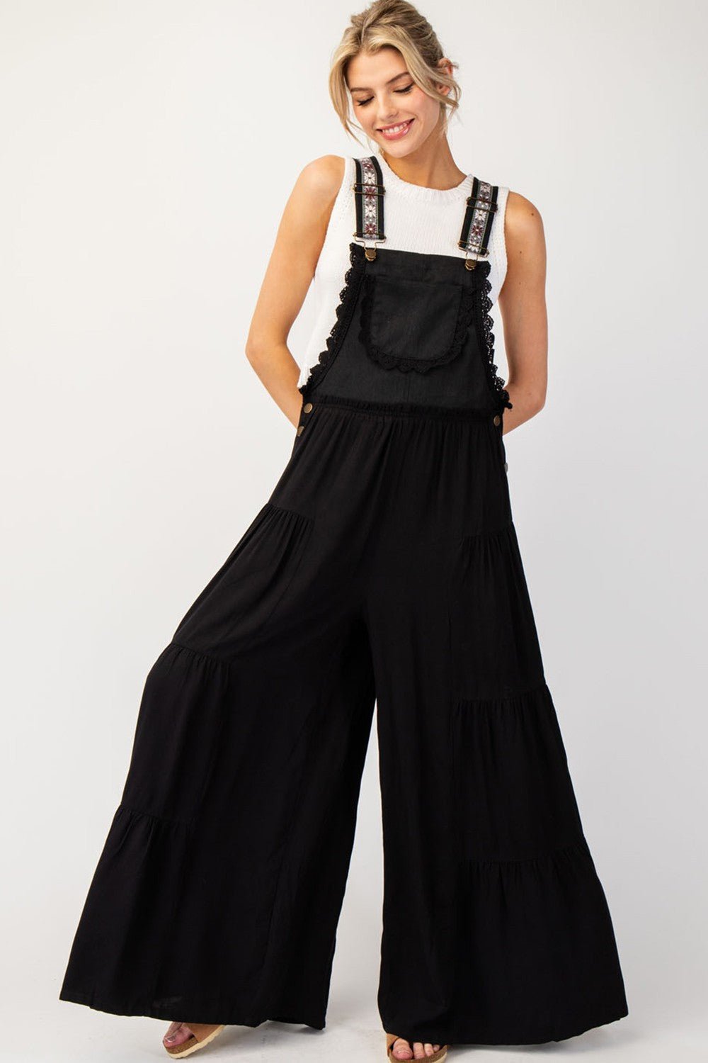 Premium Boho Chic Black Free Spirit Lace Trim Overalls