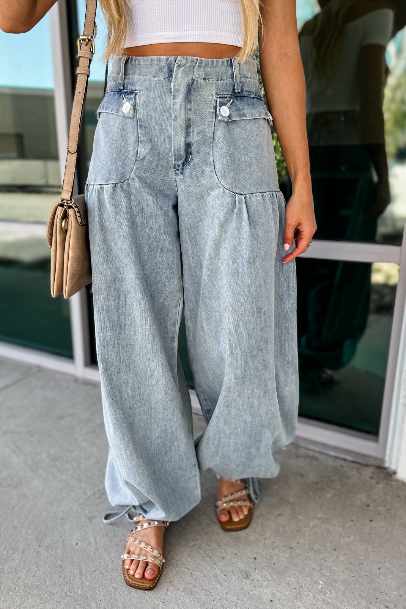 Premium Boho Mineral Washed Denim Wide-Leg Pants