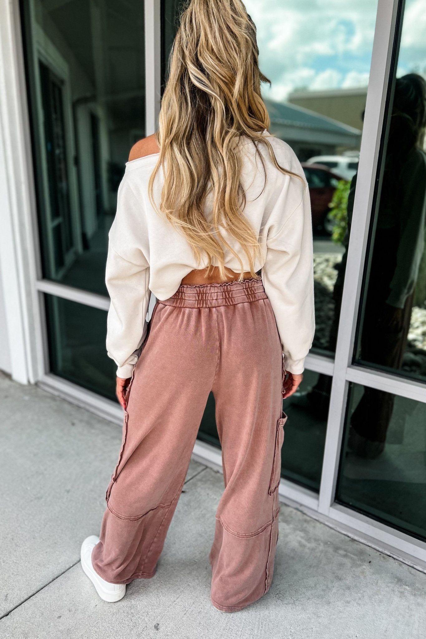 Premium Cropped Off-Shoulder Sweatshirt - Beige