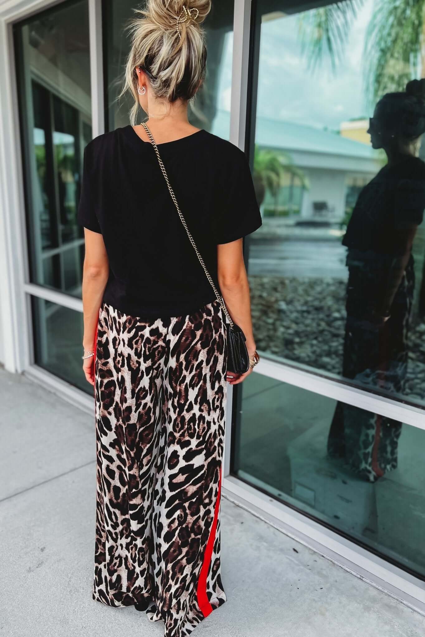 Premium Leopard Print Wide-Leg Pants with Red Stripes