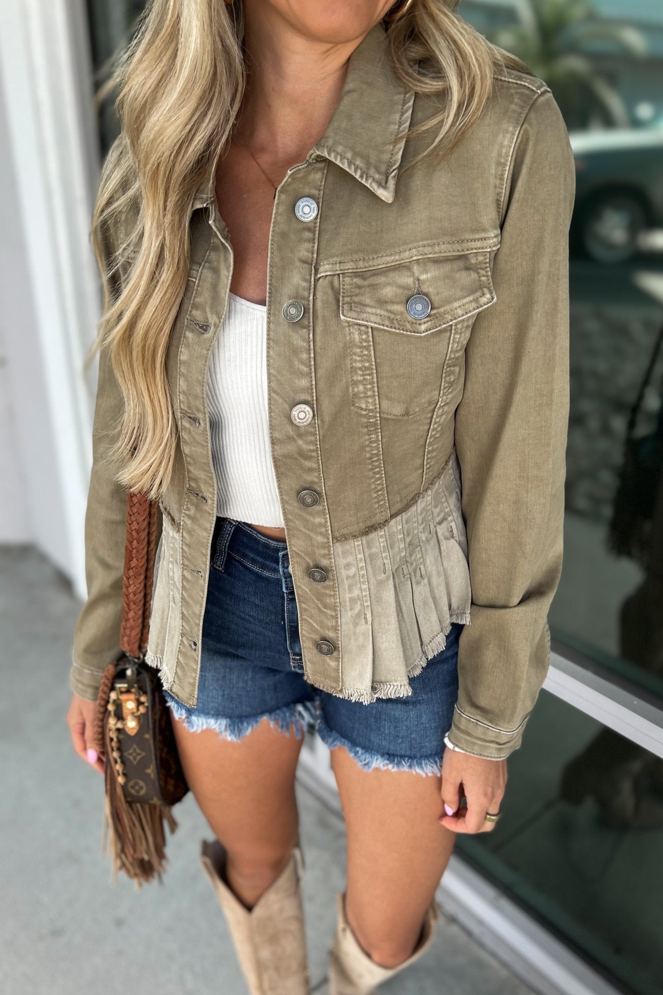 Premium Savannah Peplum Olive Green Denim Jacket - Ultimate Style Upgrade