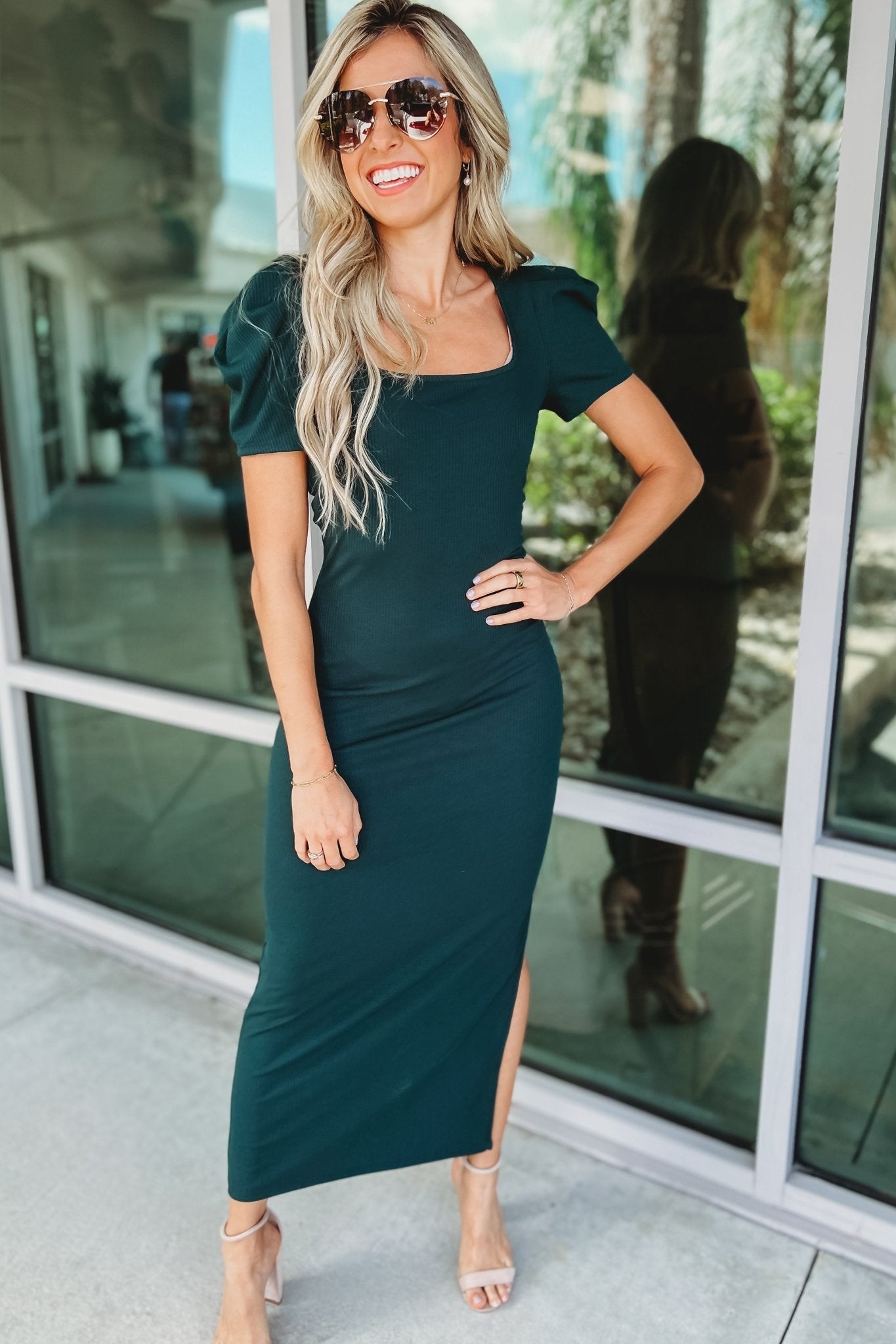 Premium Hunter Green Puff Sleeve Midi Dress - Ultimate Style & Comfort