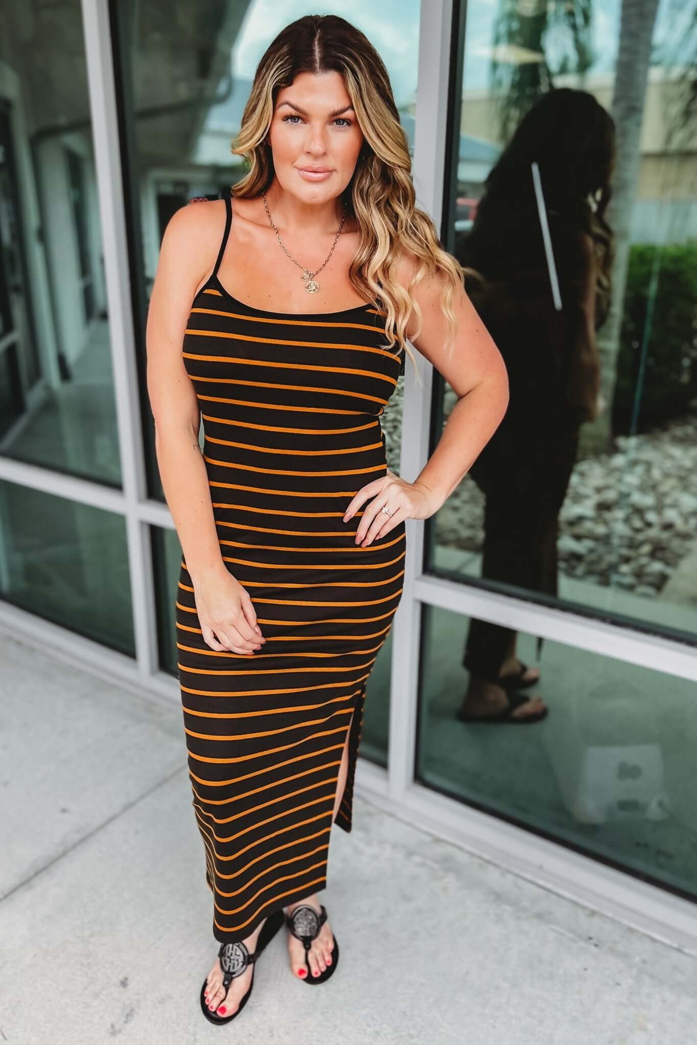 Premium Dark Olive Striped Midi Dress