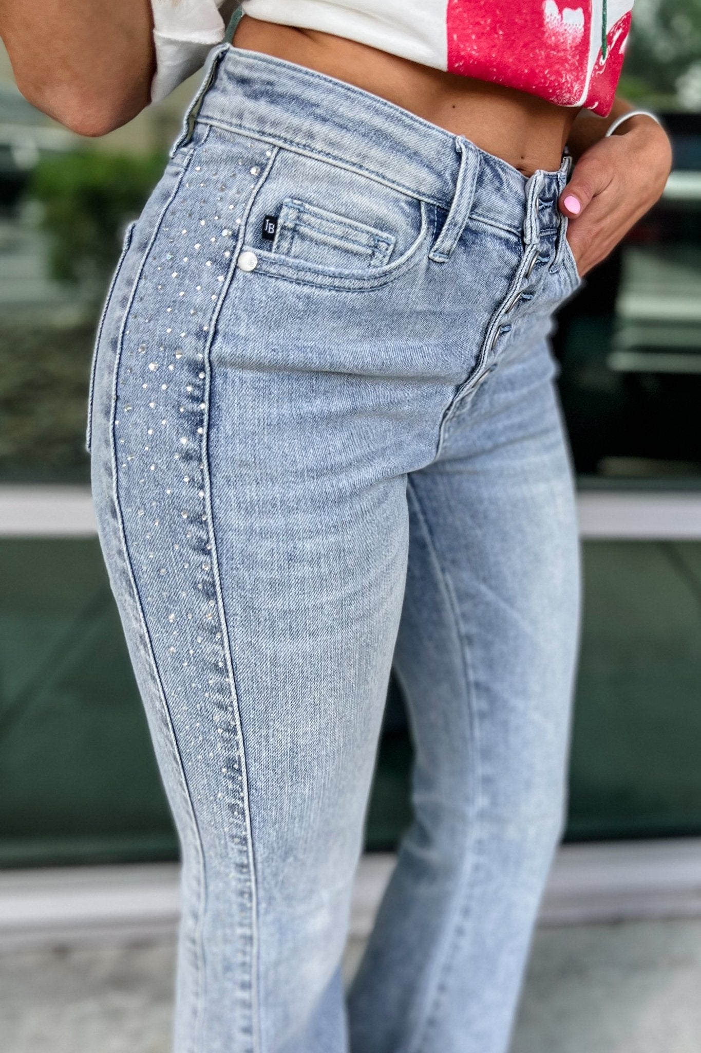 Premium JUDY BLUE Bella Rhinestone Flare Jeans - Ultimate Glam Denim