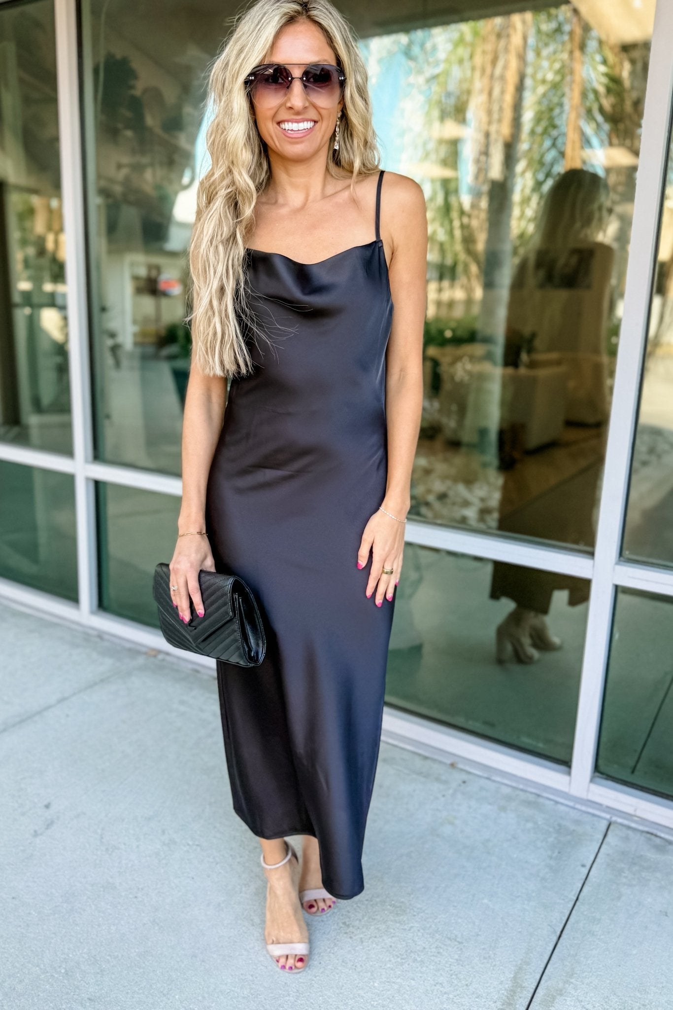 Ultimate Elegance Black Cowl Neck Satin Slip Dress