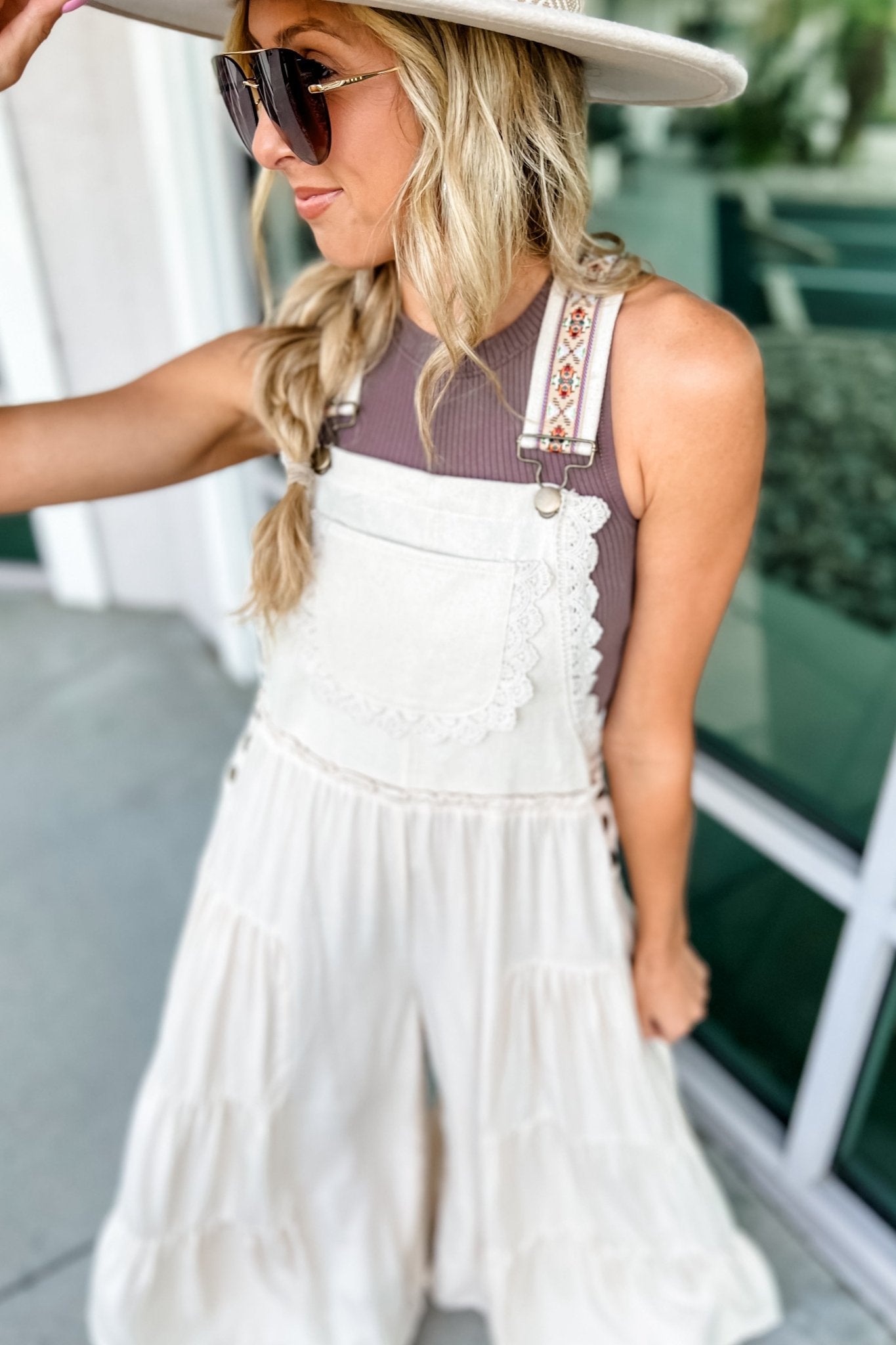 (PREORDER Ships Mid April) Premium Free Spirit Lace Trim Wide Leg Overalls in Oatmeal