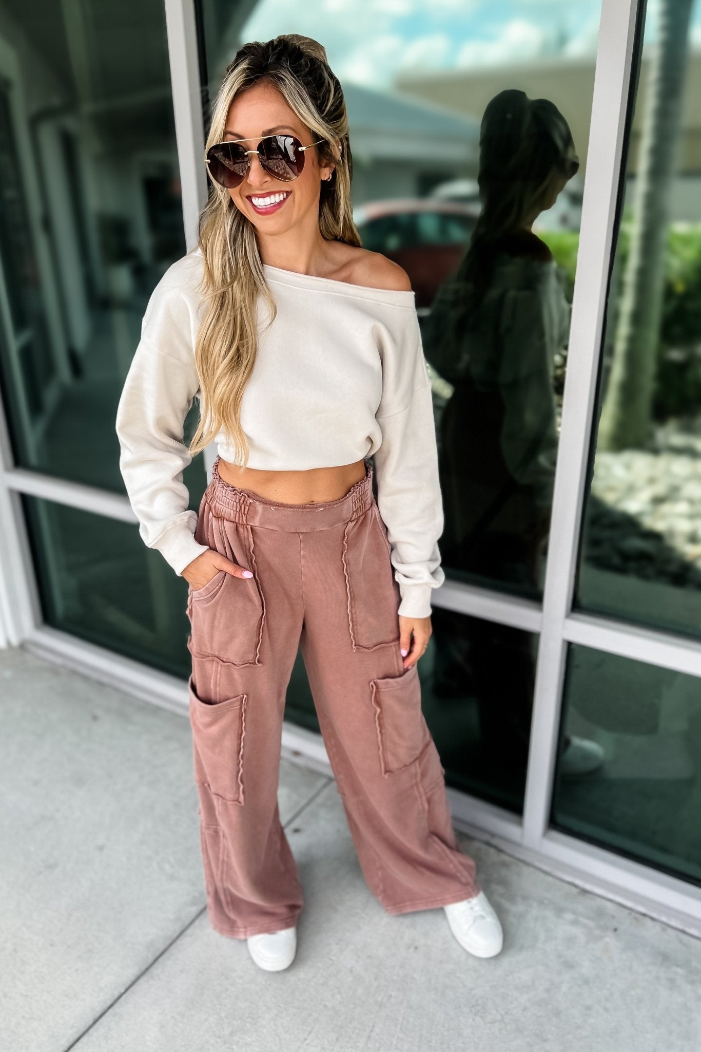 Premium Cropped Off-Shoulder Sweatshirt - Beige