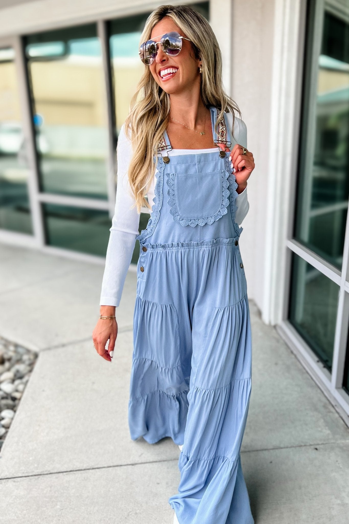 Premium Boho Lace Trim Wide Leg Overalls in Light Blue