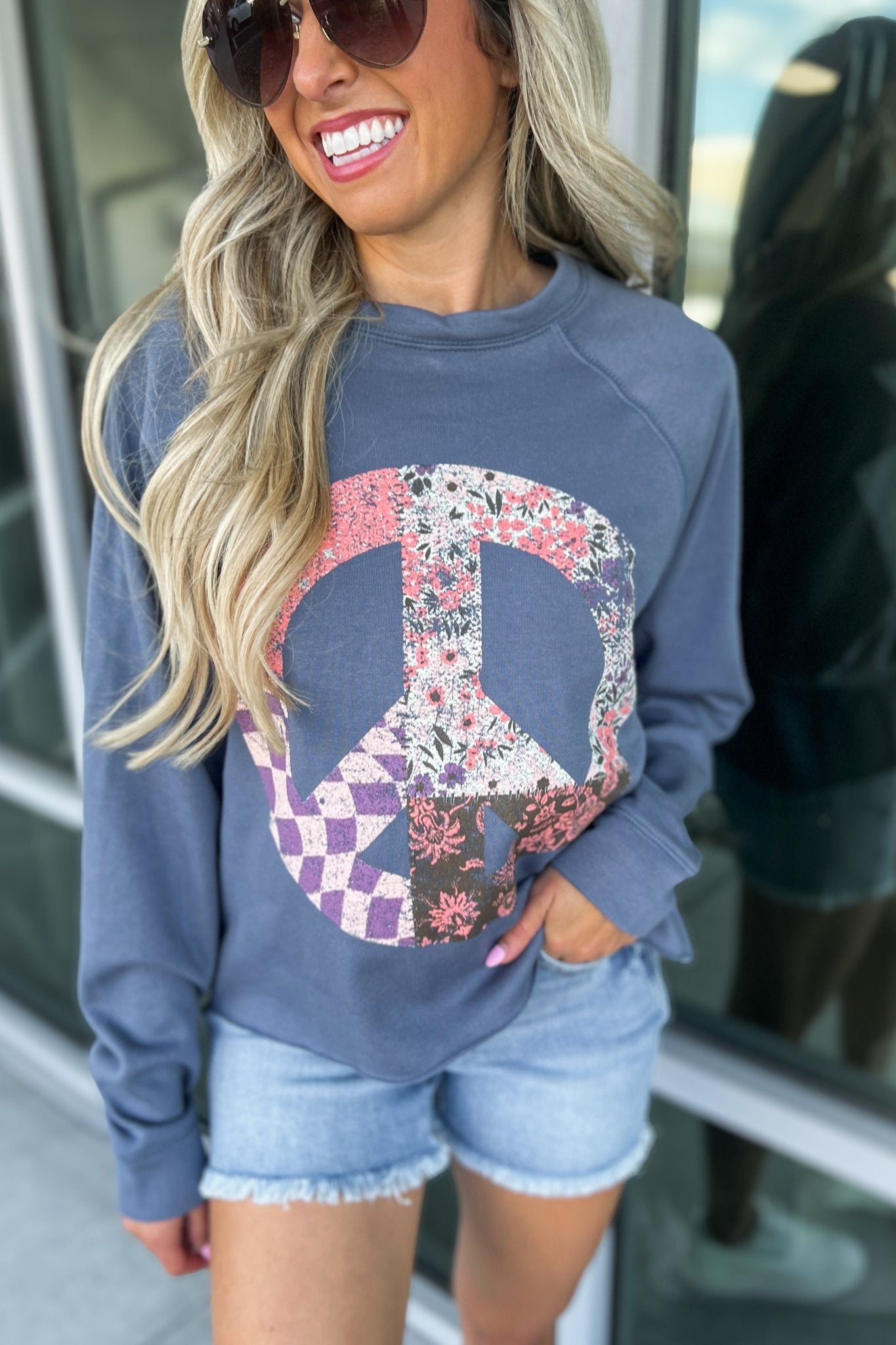 Ultimate Peace & Love Blue Floral Raw Hem Cropped Sweatshirt