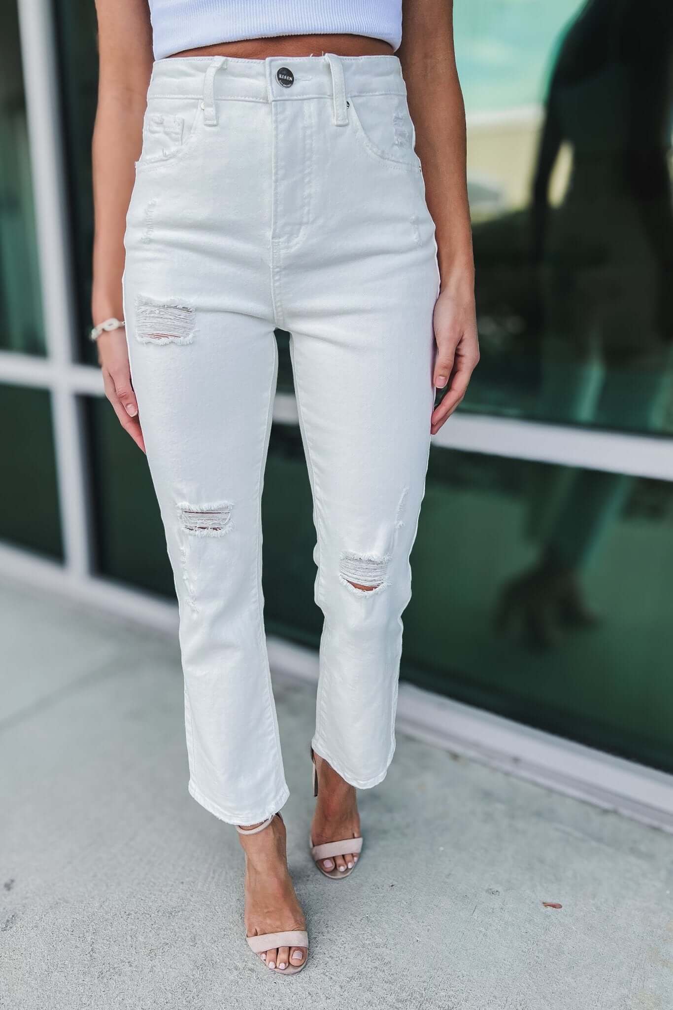 RISEN Libby Ultimate Tummy Control Straight Leg Jeans in Off White