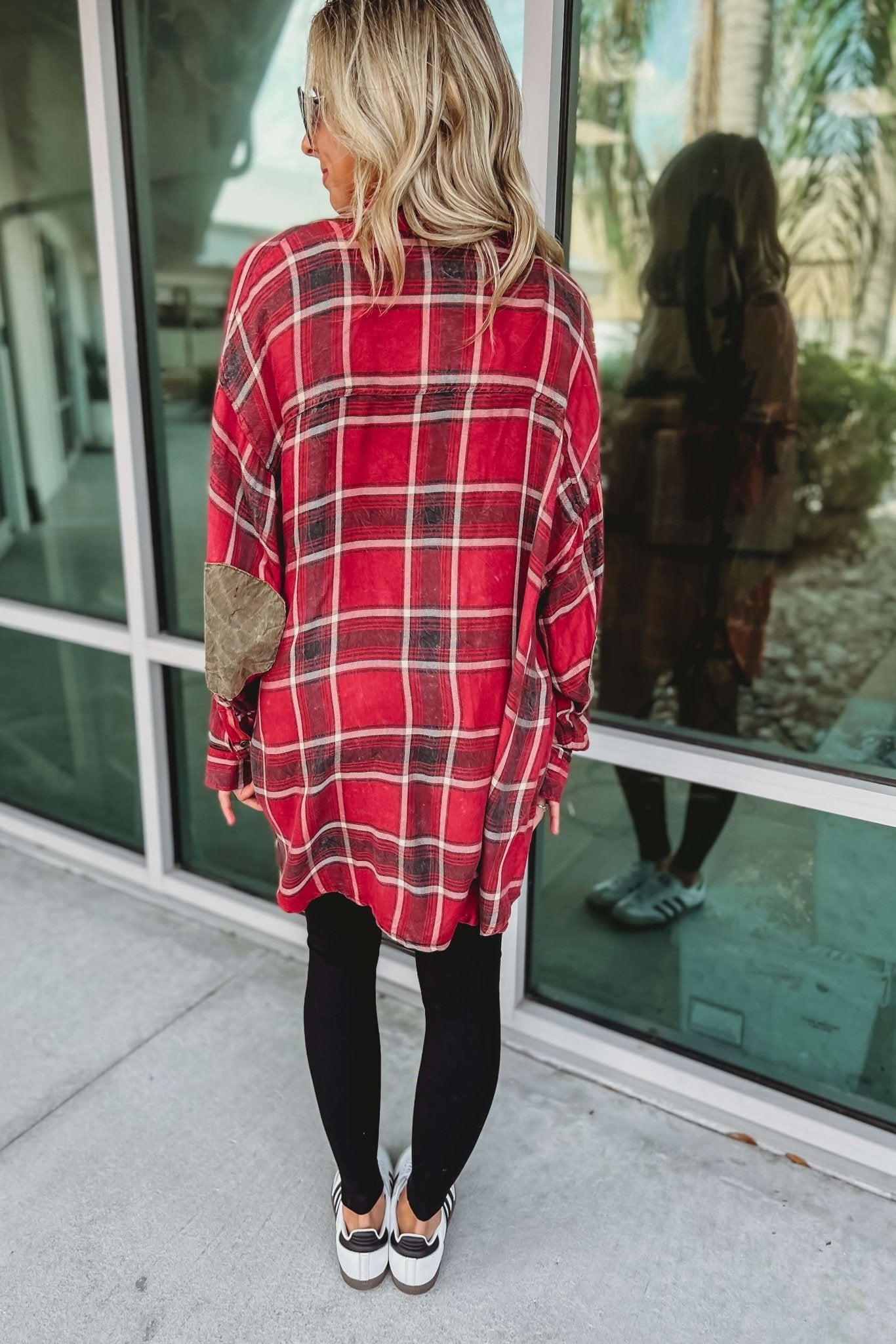 Premium Fall Chic Plaid Oversized Top with Stylish Elbow Patches